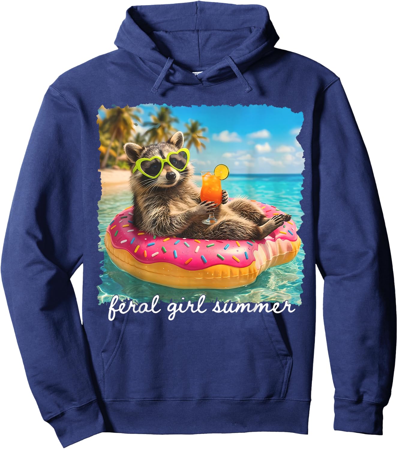 Funny Raccoon Feral Girl Summer Tropical Beach Vacation Trip Hoodie - Hoodie | Navy