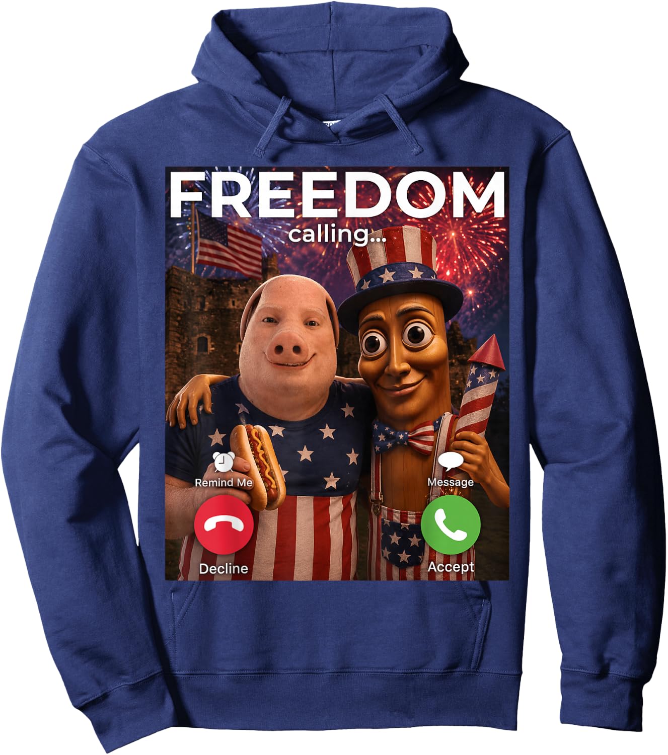 John Pork Tung Sahur Freedom Calling Meme Fireworks July 4th Hoodie - Hoodie | Navy