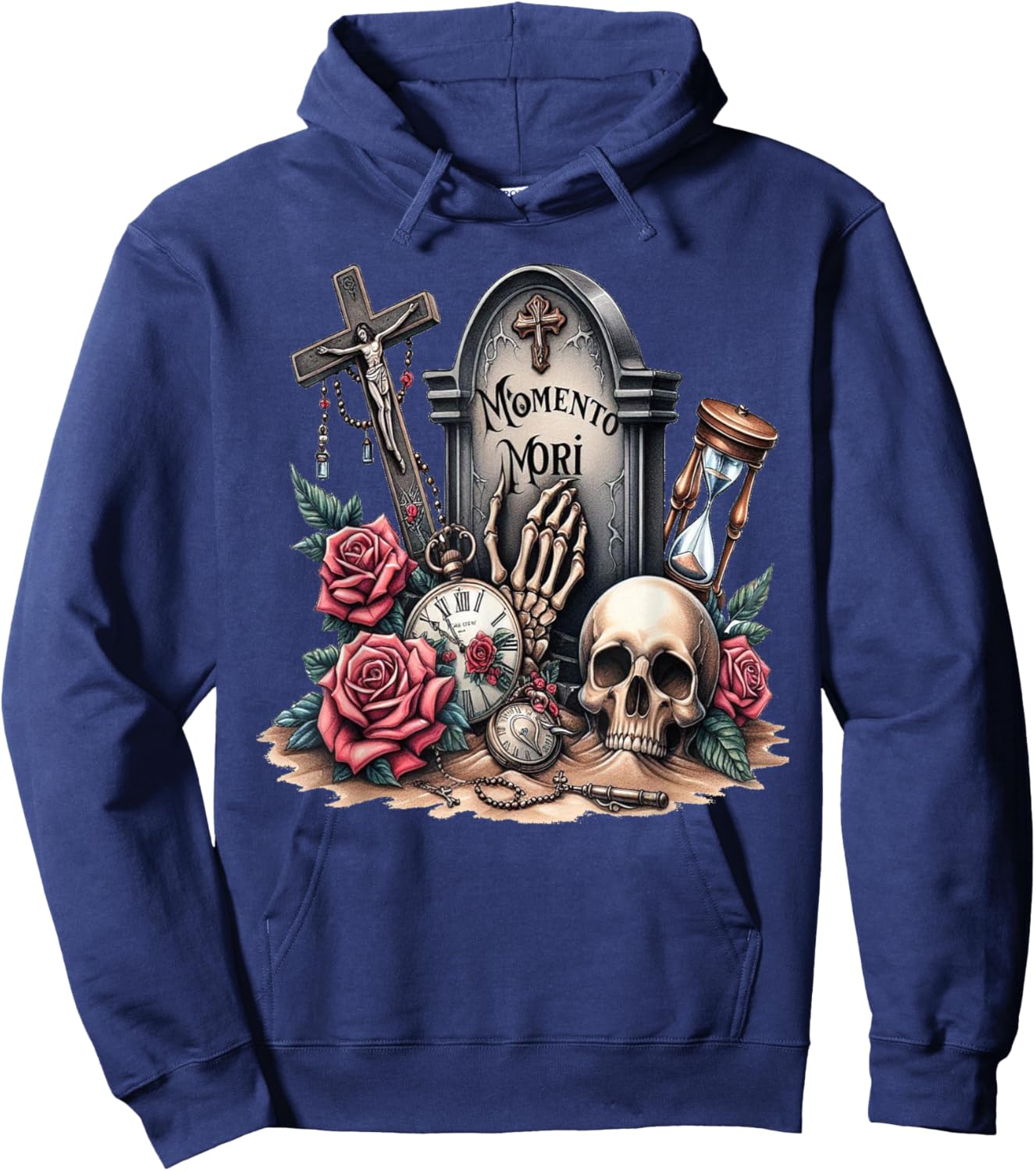 Memento Mori Catholic Crucifix Traditional Latin Mass Skull Hoodie - Hoodie | Navy