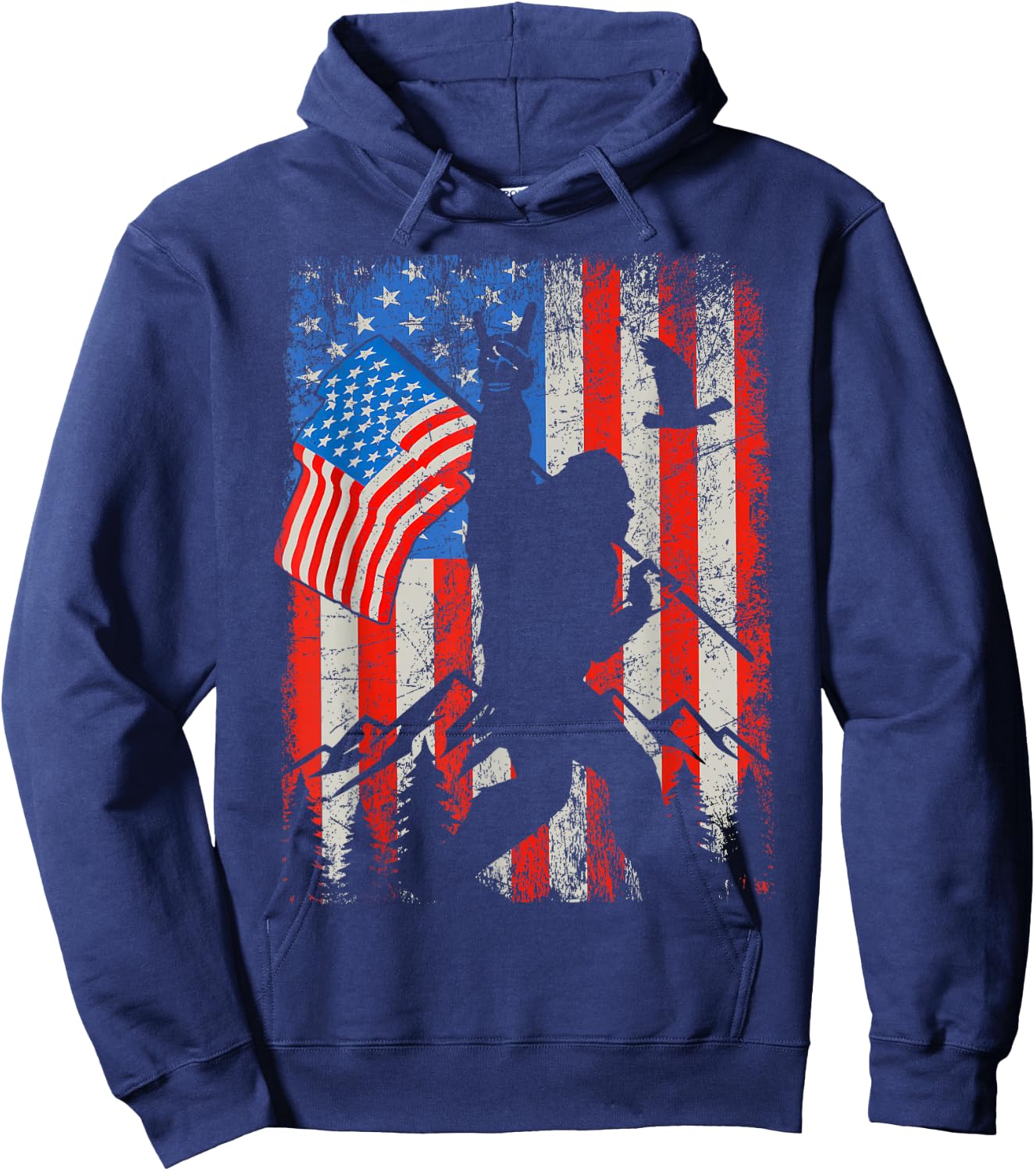 Bigfoot American Flag Sasquatch 4th of July Men Boy Kid Hoodie - Hoodie | Navy