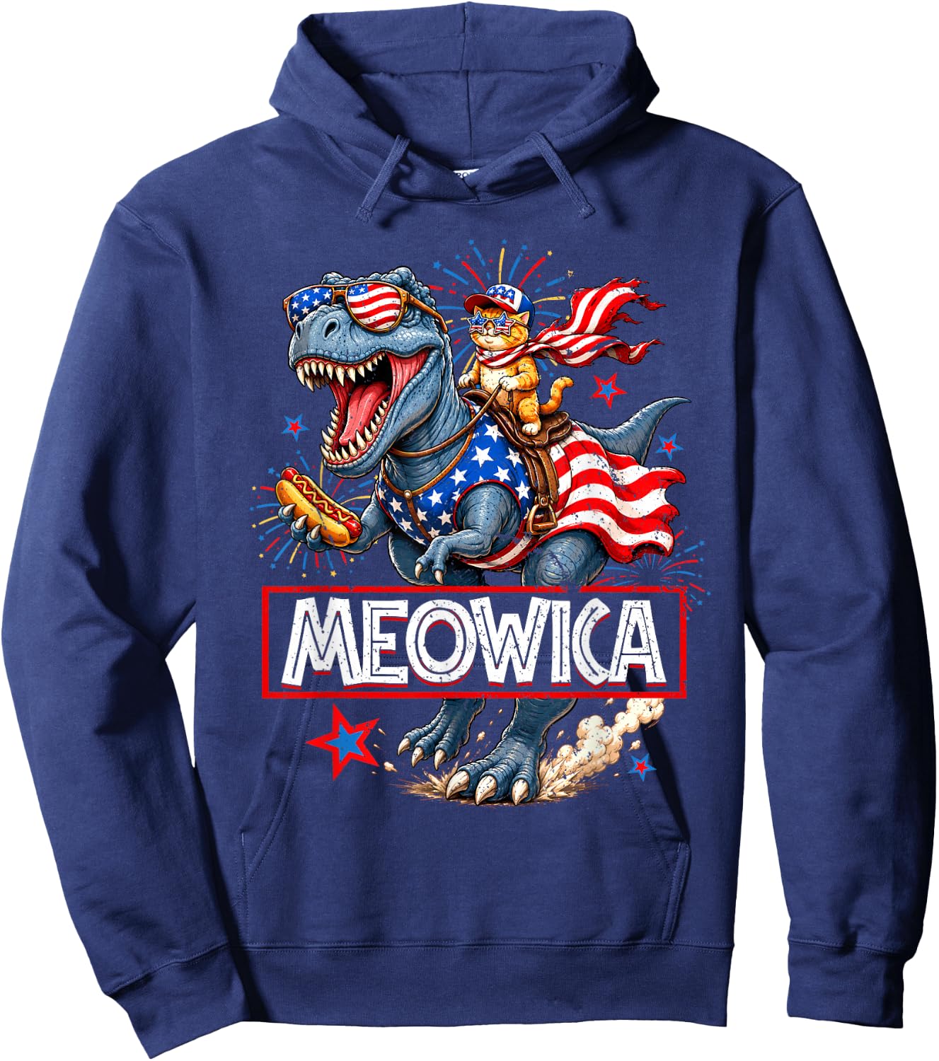 Meowica Cat Dinosaur TRex 4th of July Patriotic Toddler Boys Hoodie - Hoodie | Navy