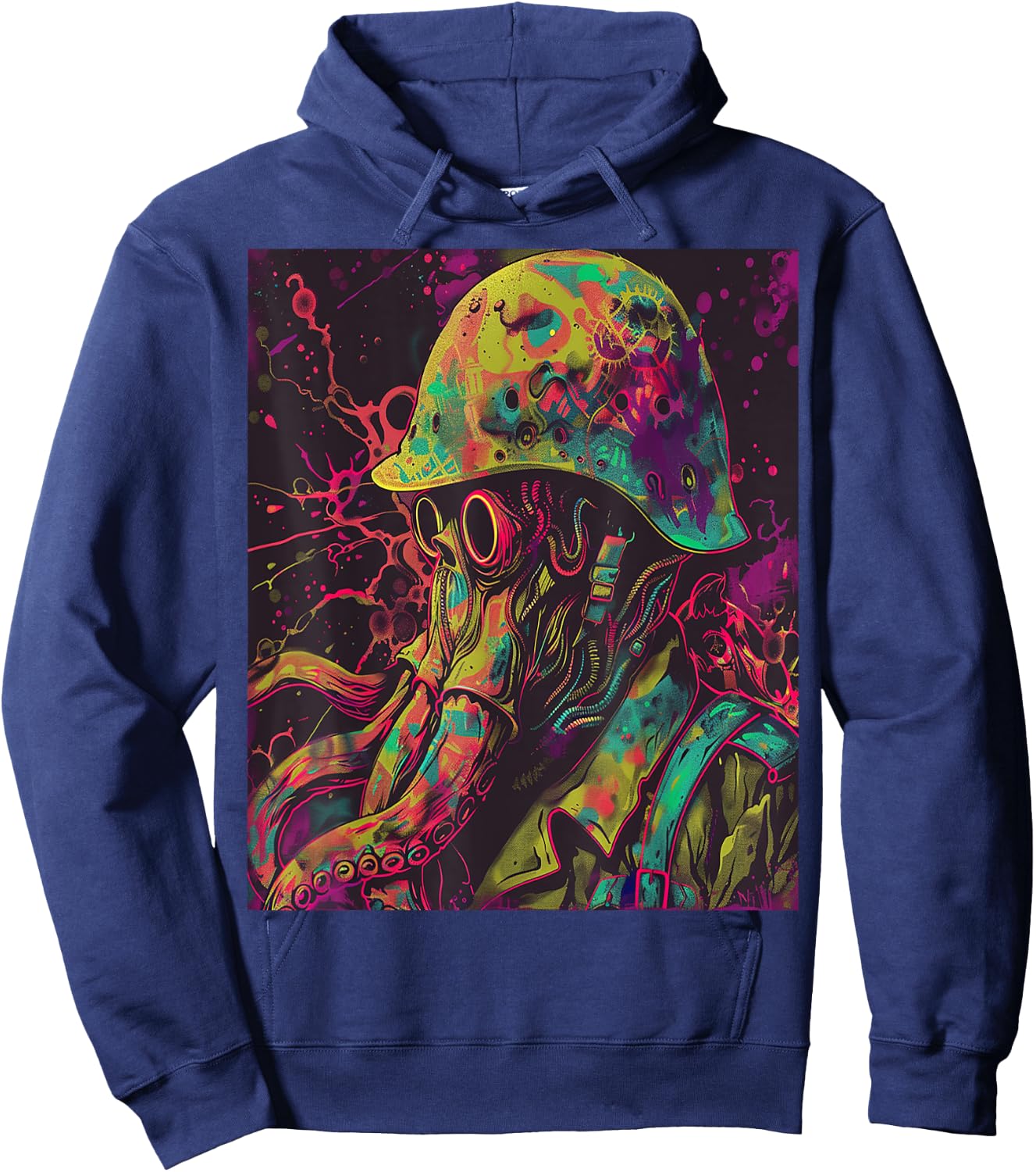 Cthulhu Psychedelic Soldier Wearing Helmet Colorful Art Hoodie - Hoodie | Navy