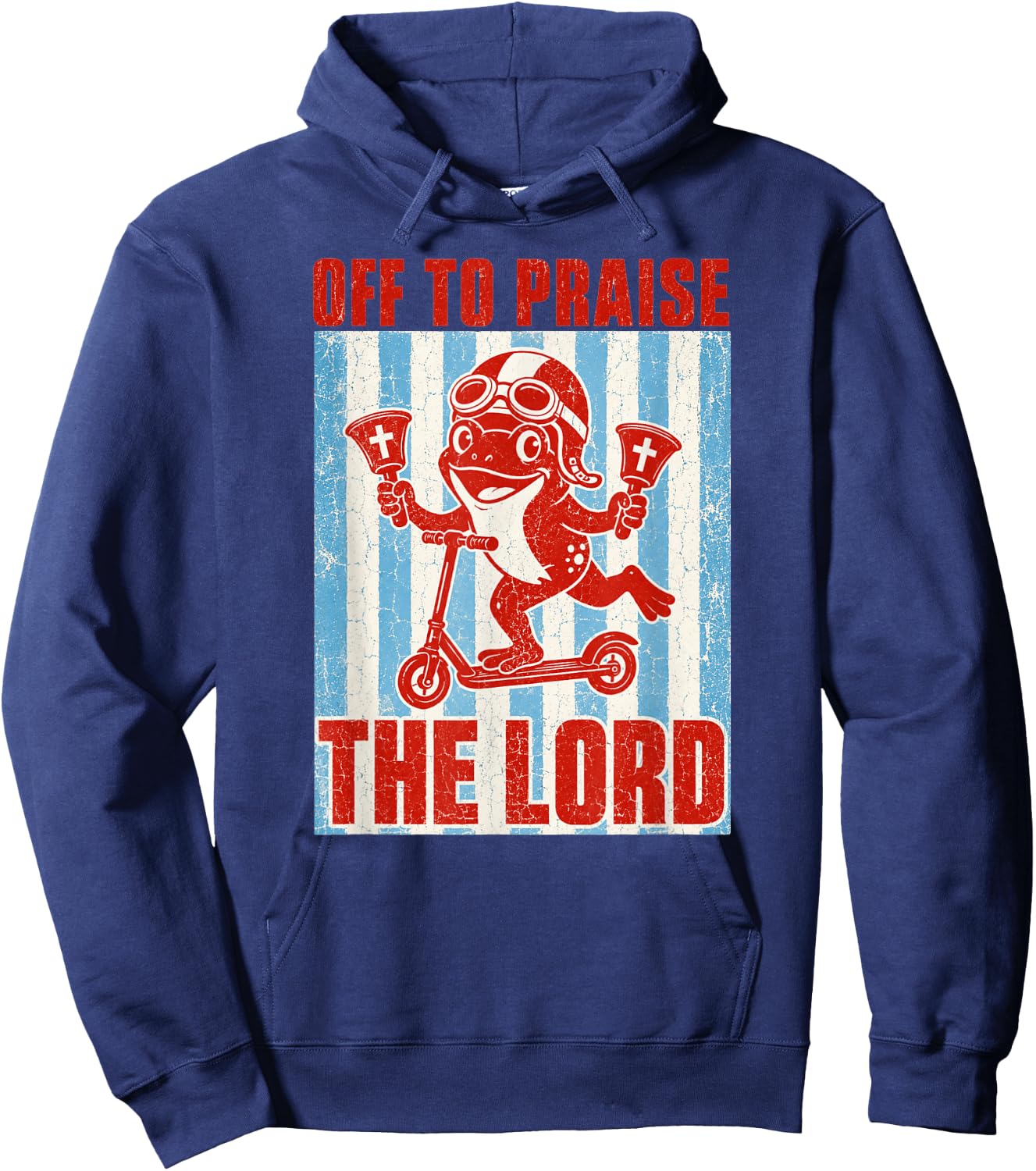 Off to Praise The Lord Iconic Frog Church Handbells Meme Hoodie - Hoodie | Navy