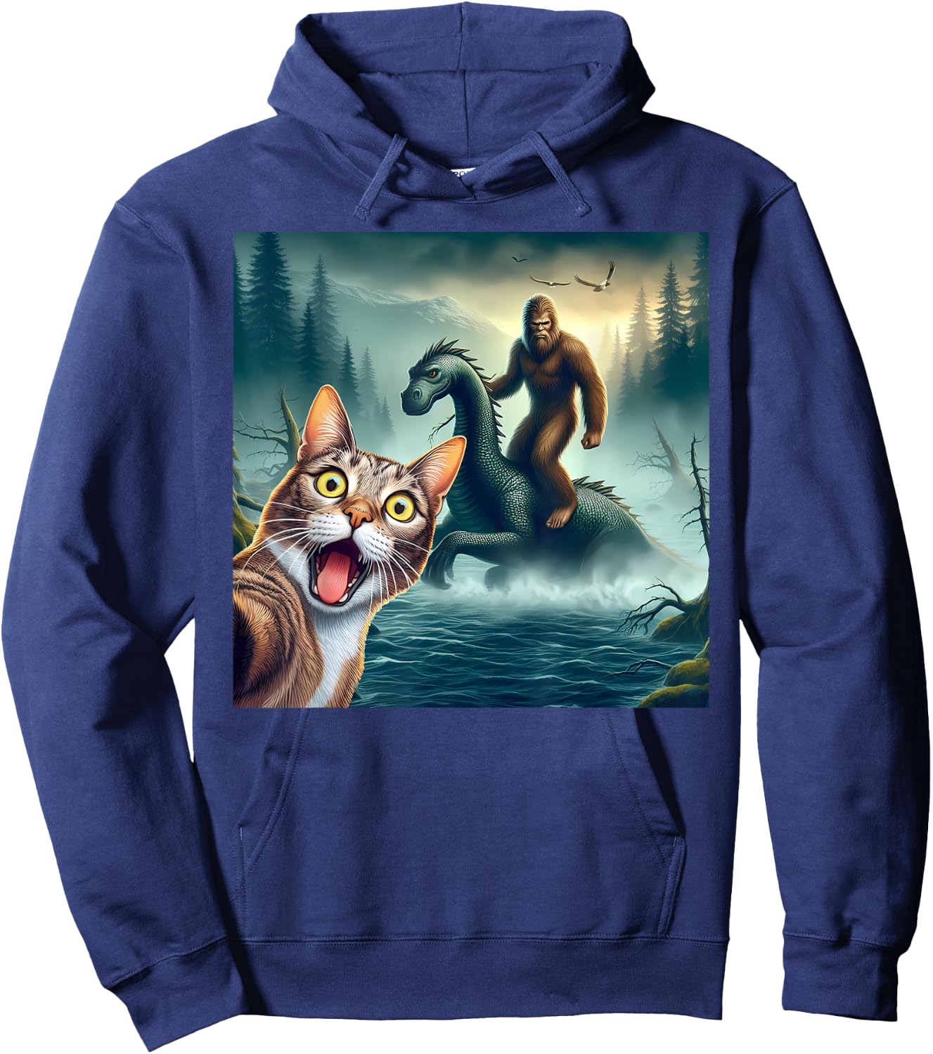 Cat Selfie bigfoot riding loch Ness monster surprised cat Women Kids Hoodie - Hoodie | Navy
