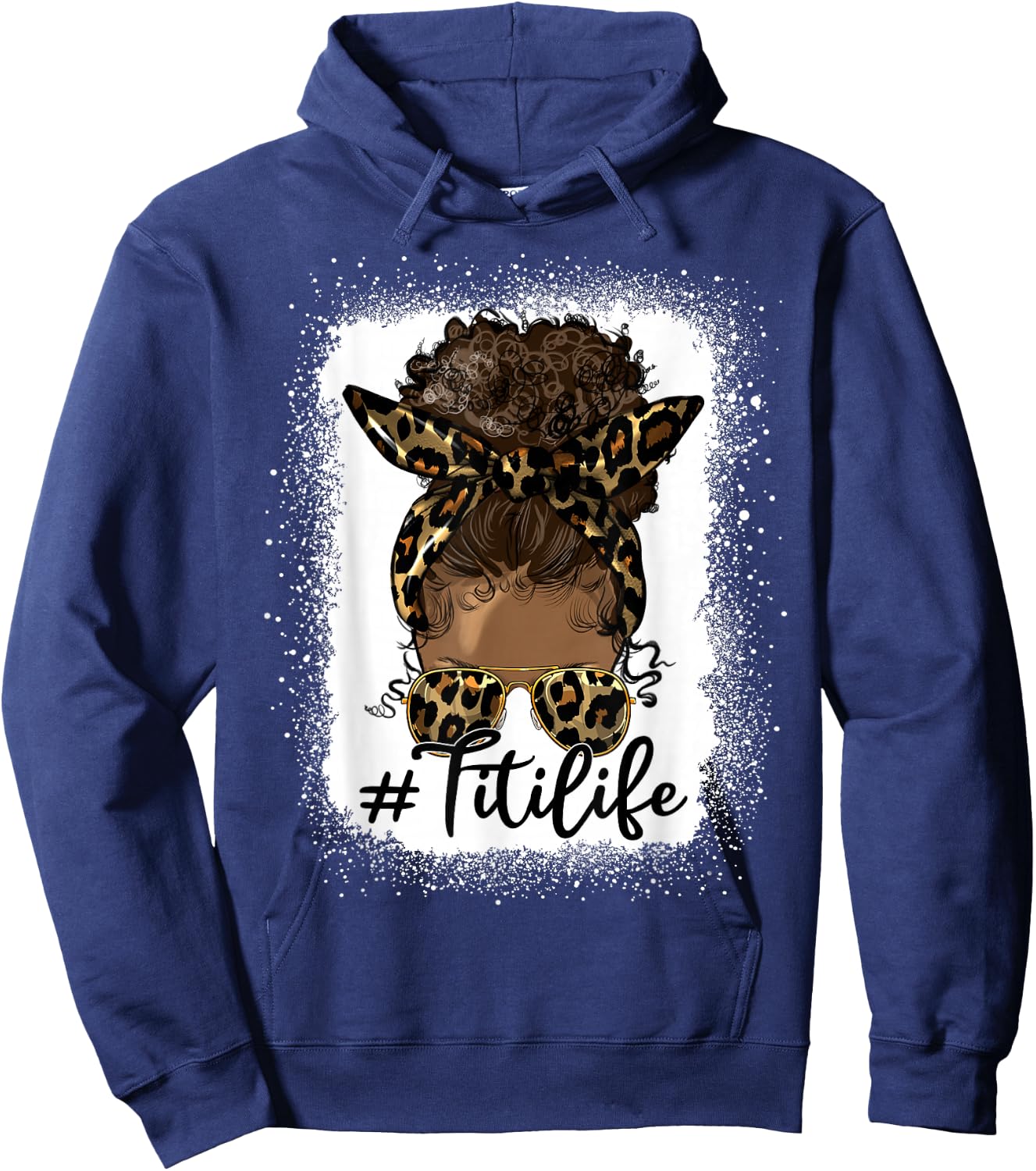Titi Life Black Women Afro Messy Bun Leopard Mother's Day Hoodie - Hoodie | Navy