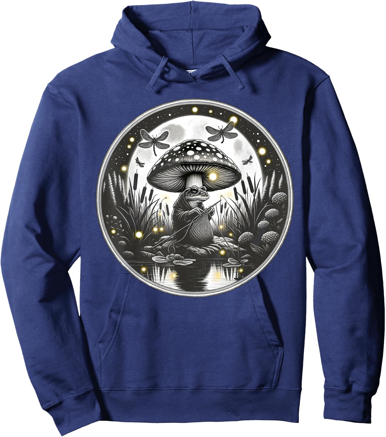 Frog Knitting Under Mushroom Cap Nature Crochet Hoodie - Hoodie | Navy
