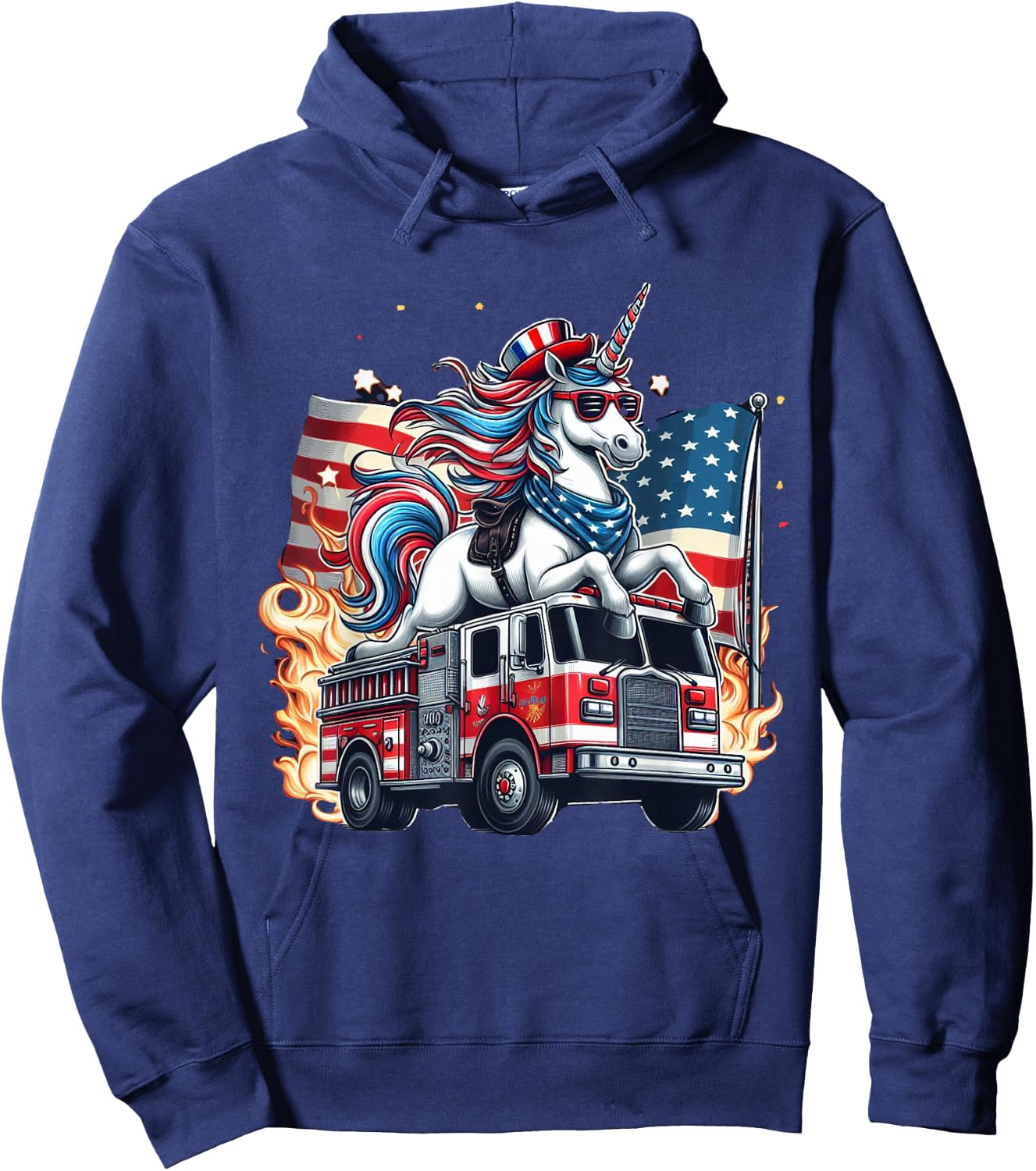 Unicorn Riding Fire Truck 4th of July Boys Girls Women Kids Hoodie - Hoodie | Navy