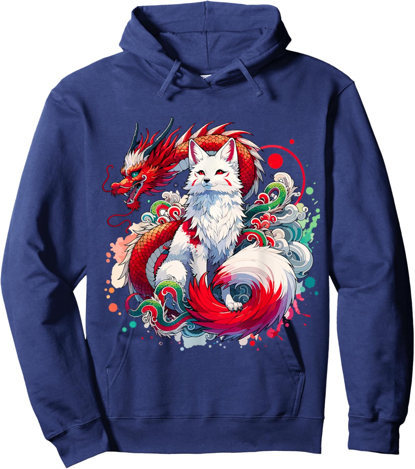 Dragon Kitsune Japanese Fox Nine-Tailed , Black, S Hoodie - Hoodie | Navy