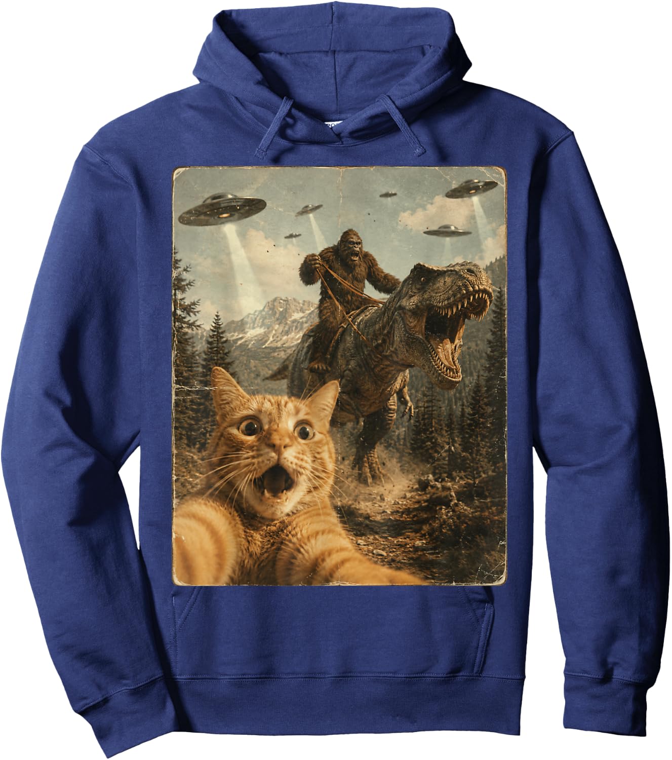 Funny Cat Selfie UFO Alien Chase Bigfoot Riding T-Rex Kid Hoodie - Hoodie | Navy