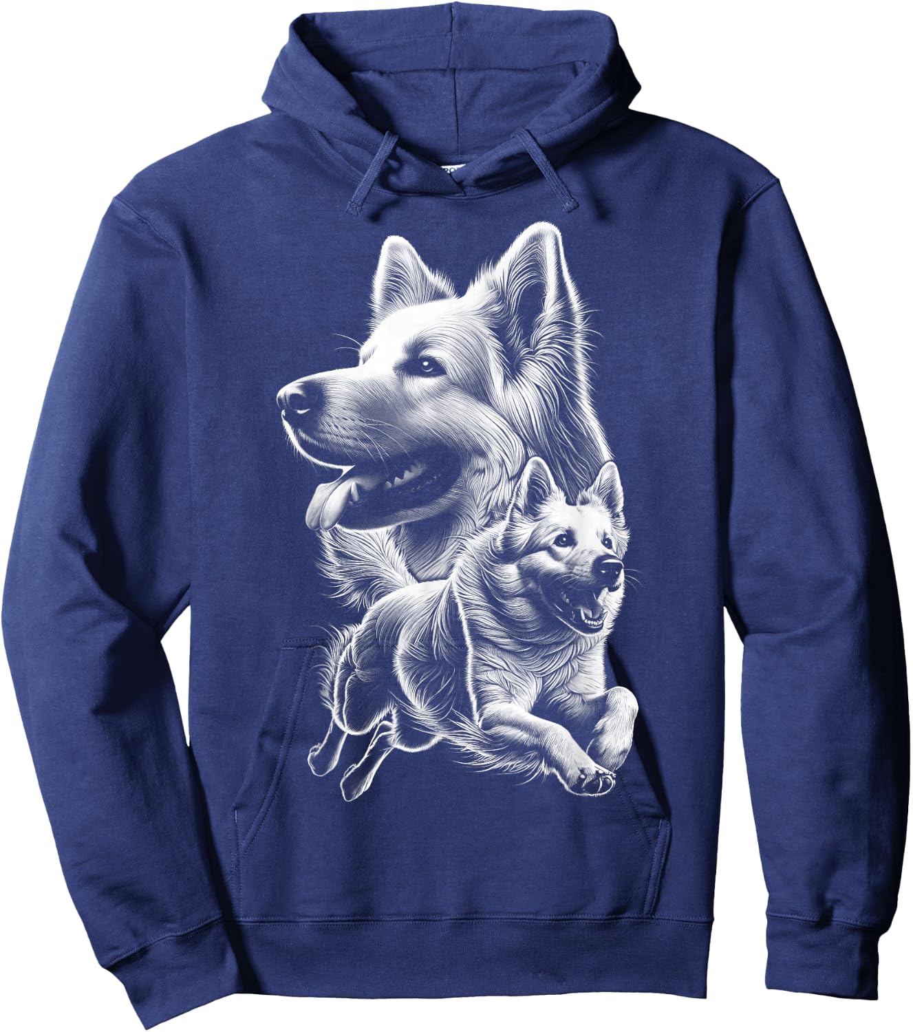 Cheerful White Shepherd Dog Fine Drawn Picture , black Hoodie - Hoodie | Navy