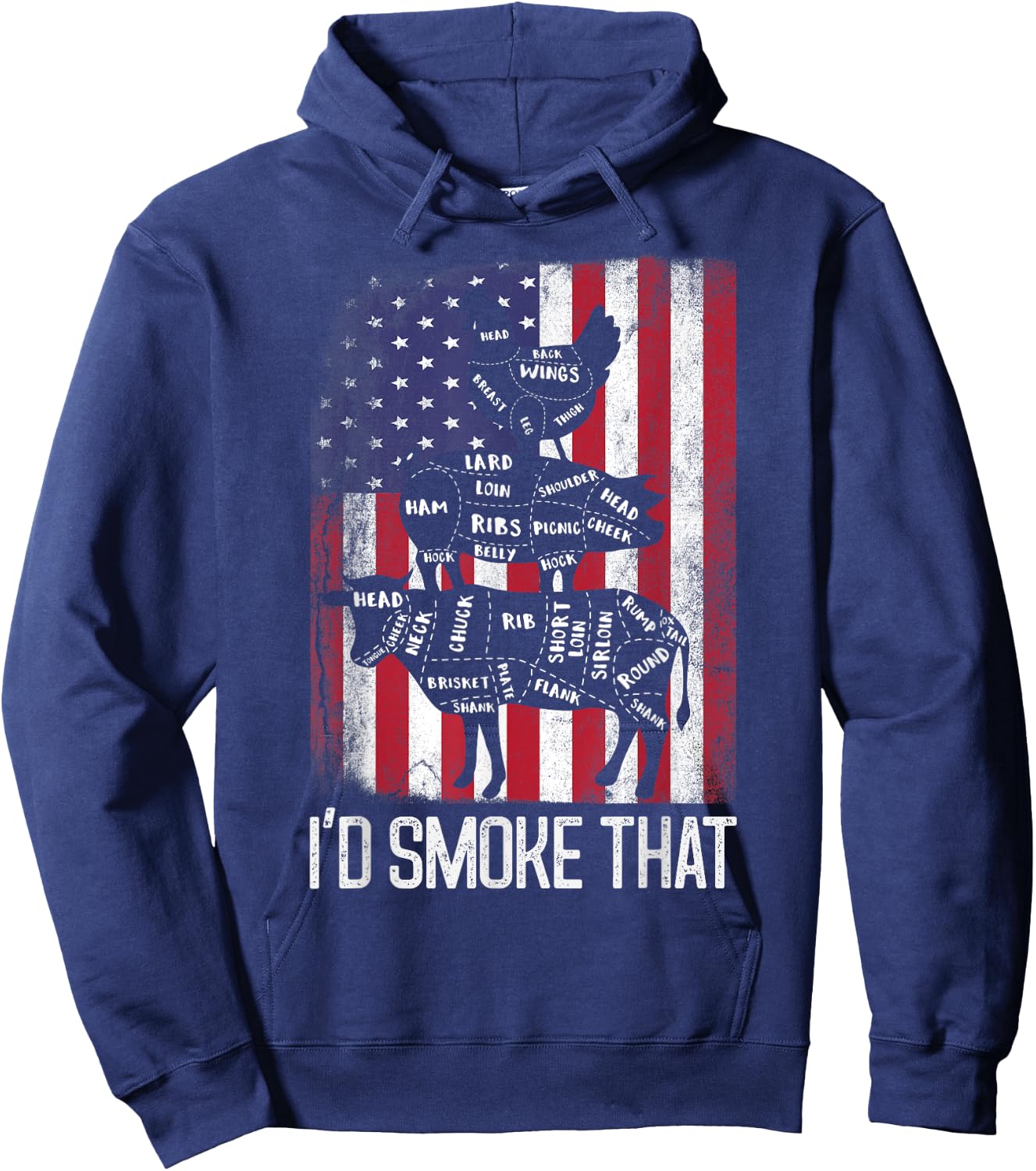 BBQ USA Flag I'd smoke that Beef Pork Chicken Butcher Funny Women Men Hoodie - Hoodie | Navy