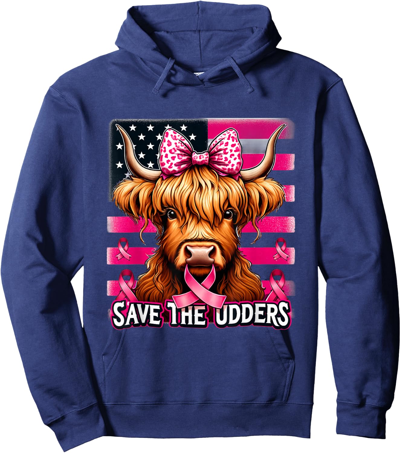 Retro Save The Udders Messy Hair Highland Cow Breast Cancer Hoodie - Hoodie | Navy
