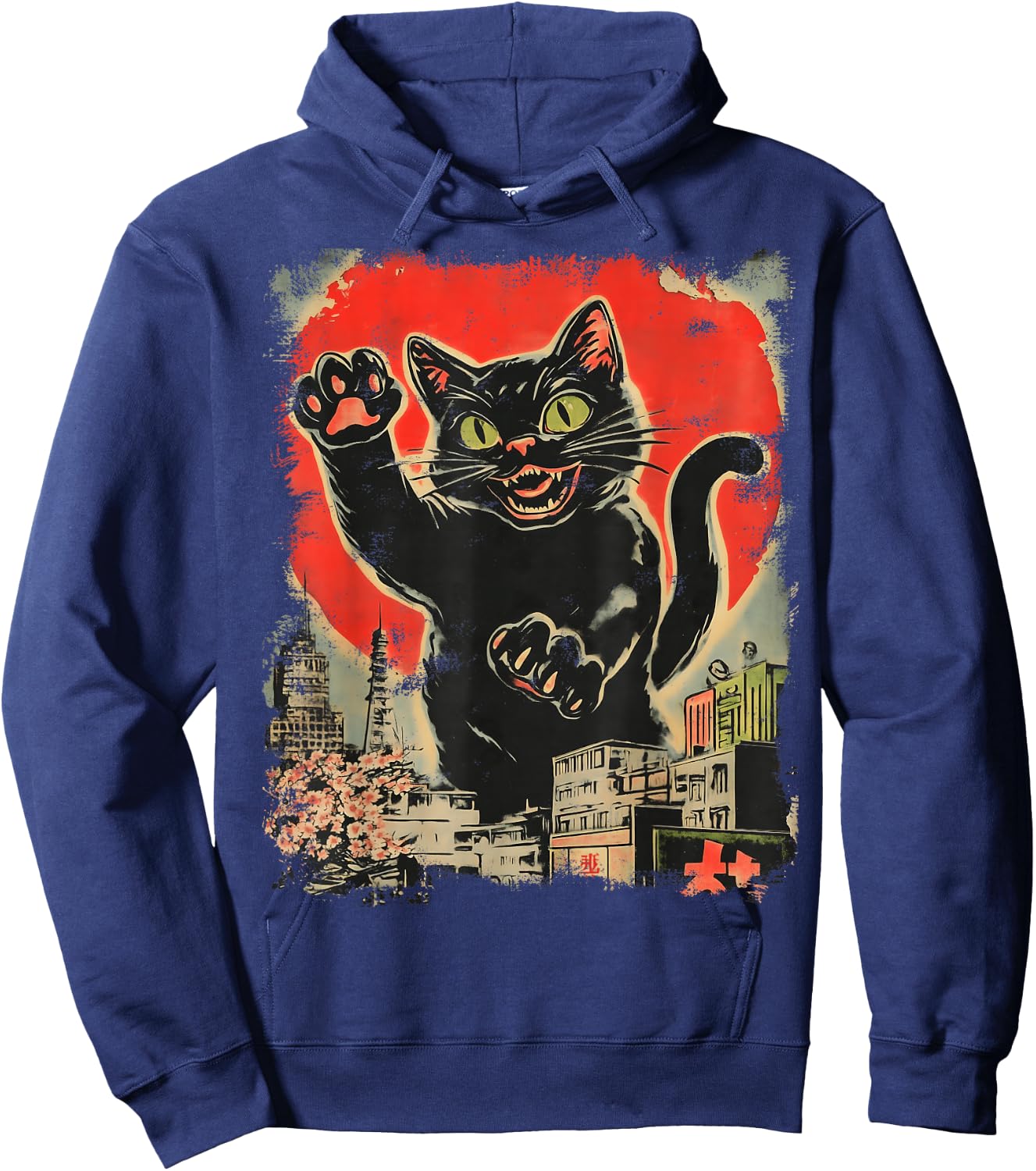 Funny Giant Black Cat Japanese Kaiju Art Hoodie - Hoodie | Navy