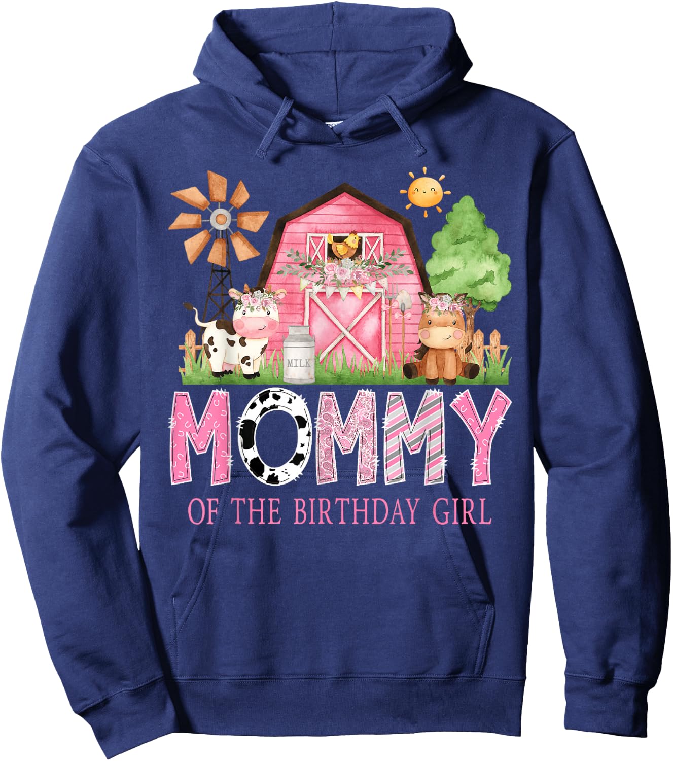 Mommy of The Birthday Girl 1St Birthday Pink Cow Farm Hoodie - Hoodie | Navy