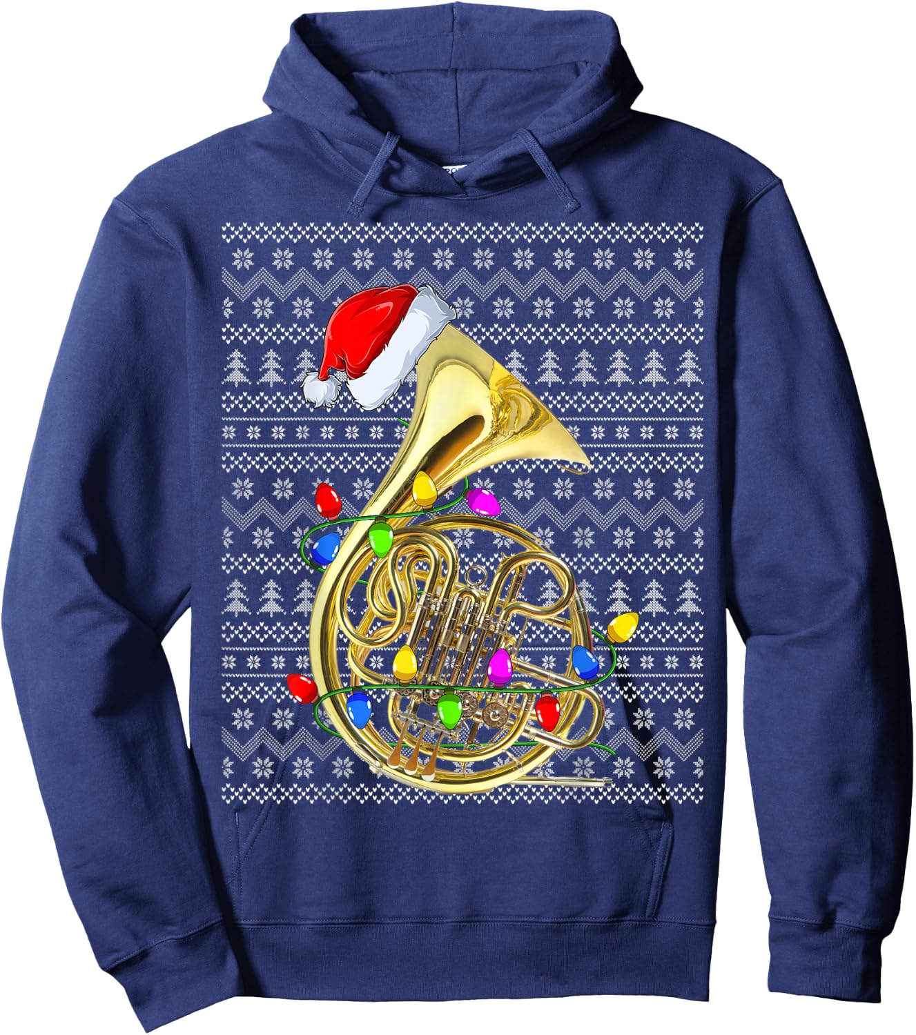 French Horn Lighting Xmas Sweater Ugly French Horn Christmas Hoodie - Hoodie | Navy
