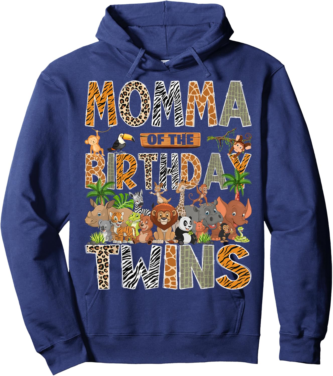 Momma of The Birthday Twins Safari Wild One Zoo Animal Hoodie - Hoodie | Navy