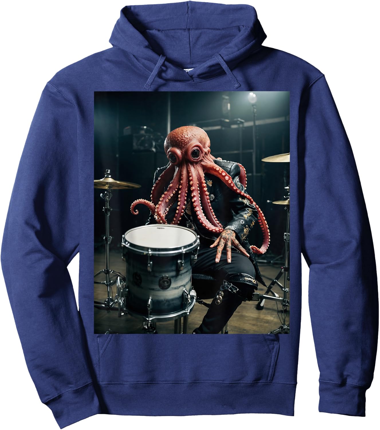 Punk Rock Octopus Head Heavy Metal Drums Leather Jacket Cool Hoodie - Hoodie | Navy