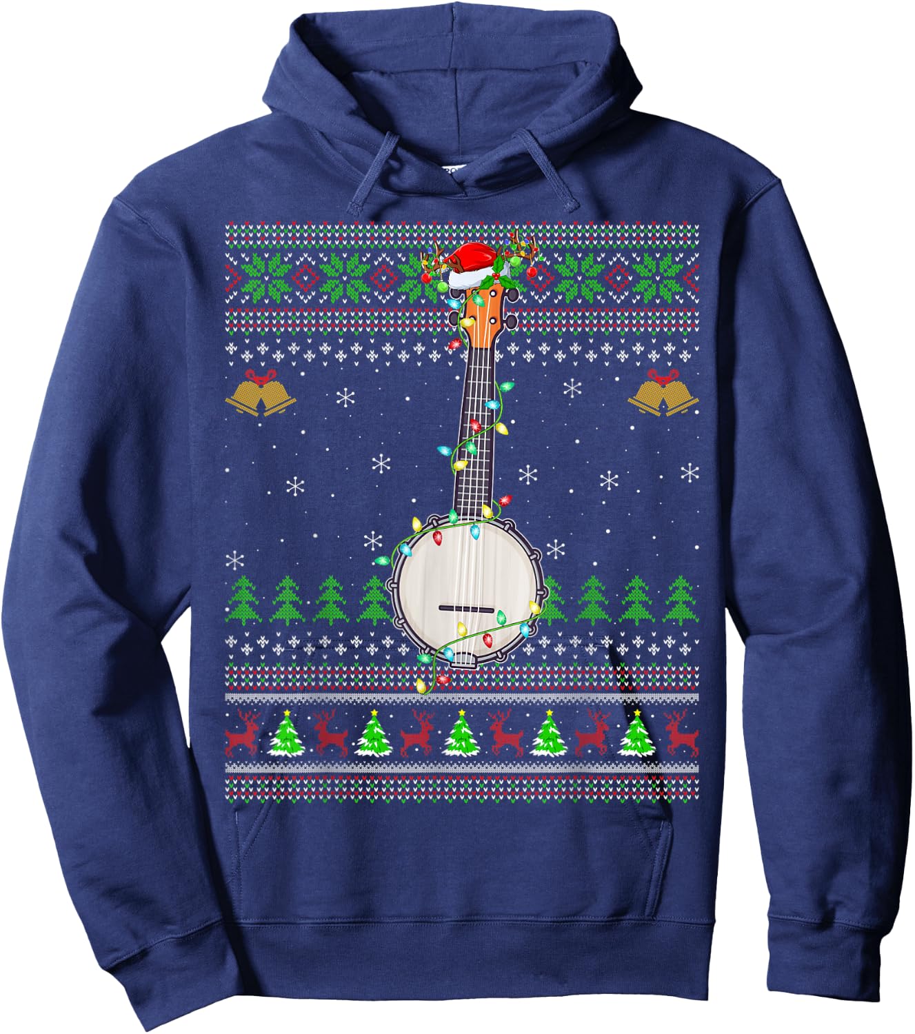 Ugly Banjo Xmas Lighting Santa Banjo Christmas Hoodie - Hoodie | Navy