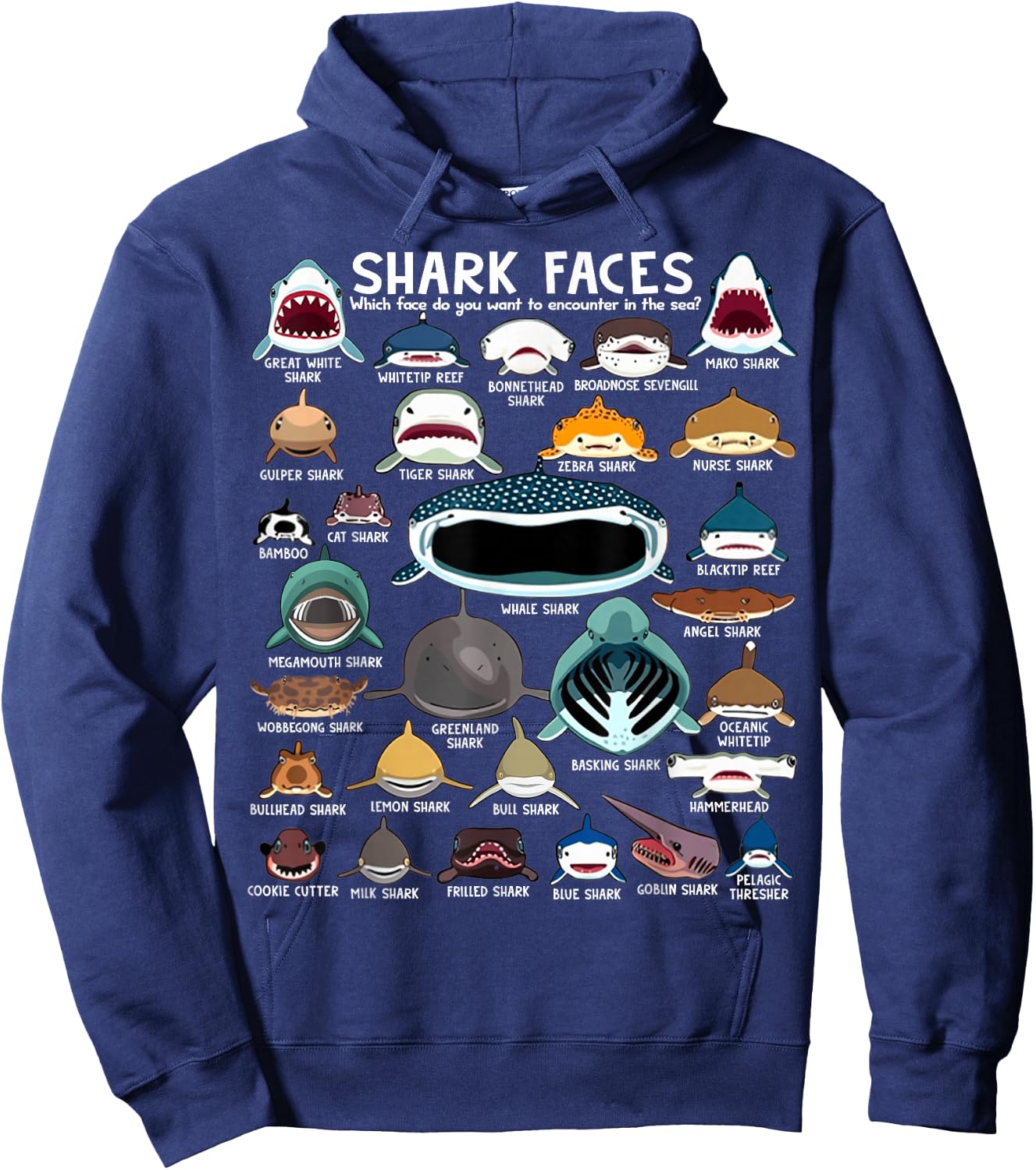 Shark Faces - Types of Shark - Marine Biology Ocean Lovers Hoodie - Hoodie | Navy