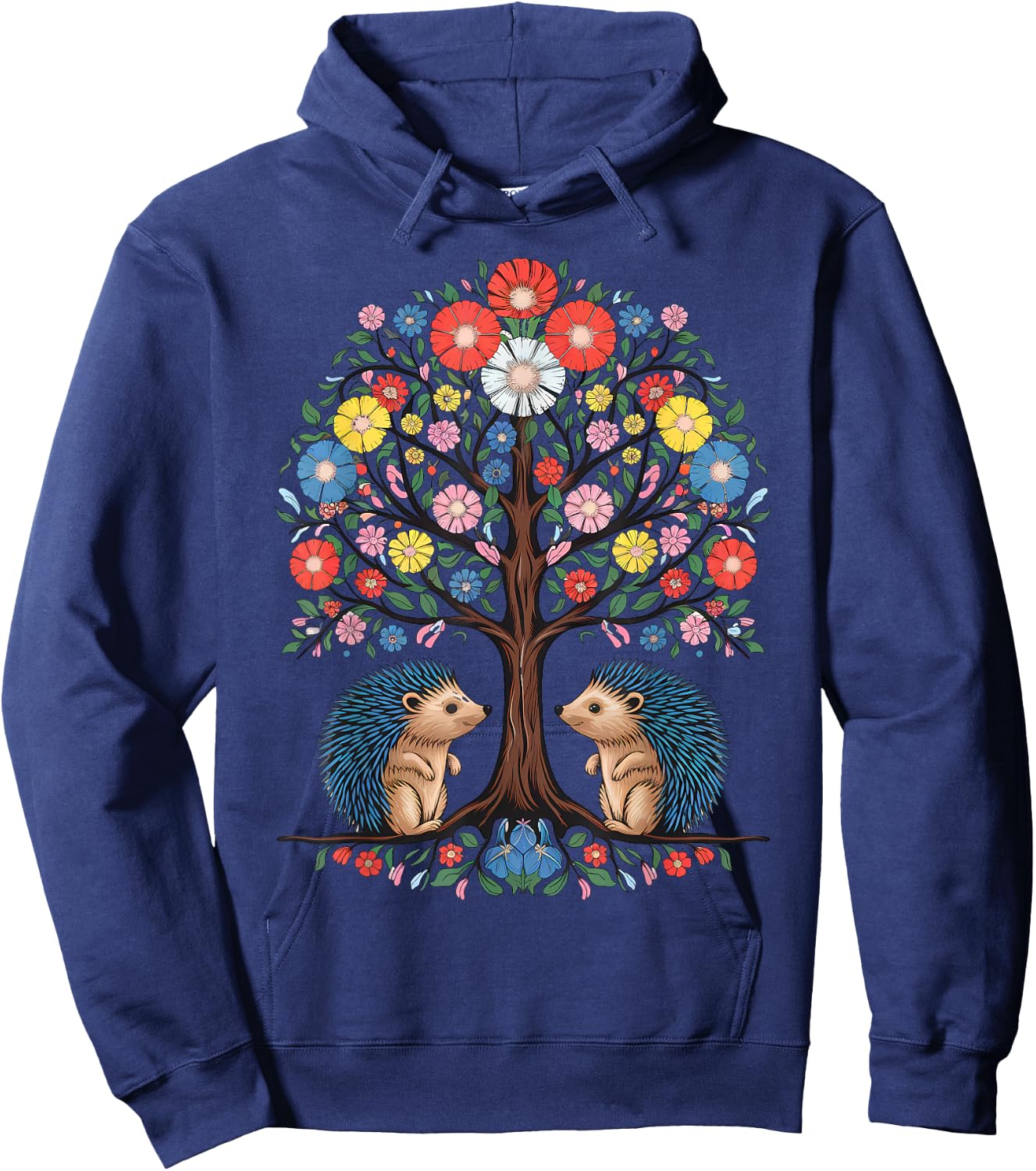 Hedgehog Scandinavian Folk Flowers Style Hoodie - Hoodie | Navy