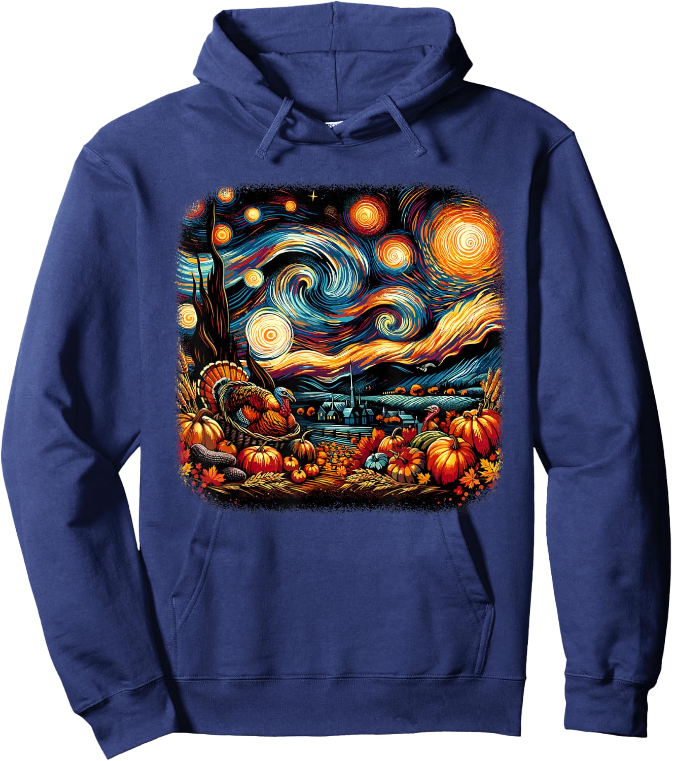 Thanksgiving Turkey & Pumpkin Harvest Starry Night Van Gough Hoodie - Hoodie | Navy