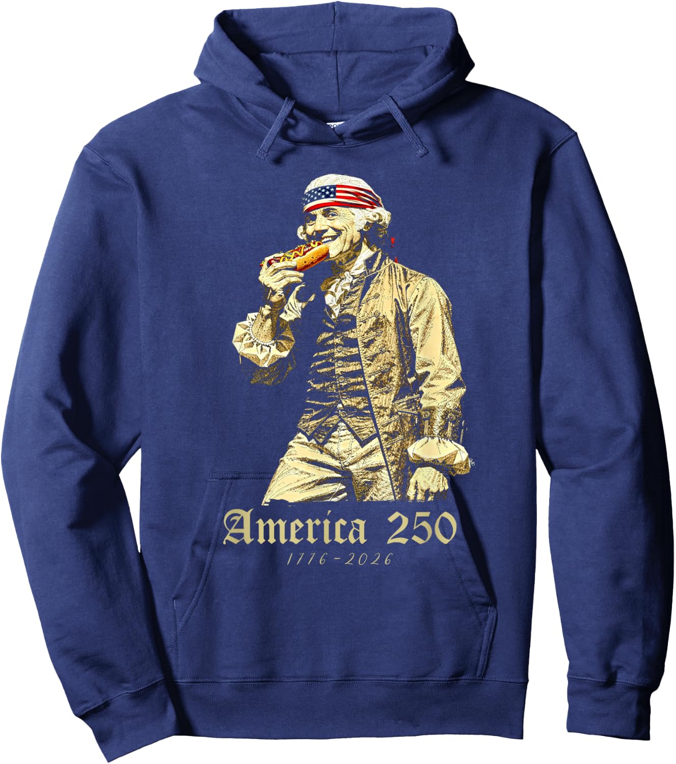 George Washington Eating Hot Dog, July 4th 250th Anniversary Hoodie - Hoodie | Navy