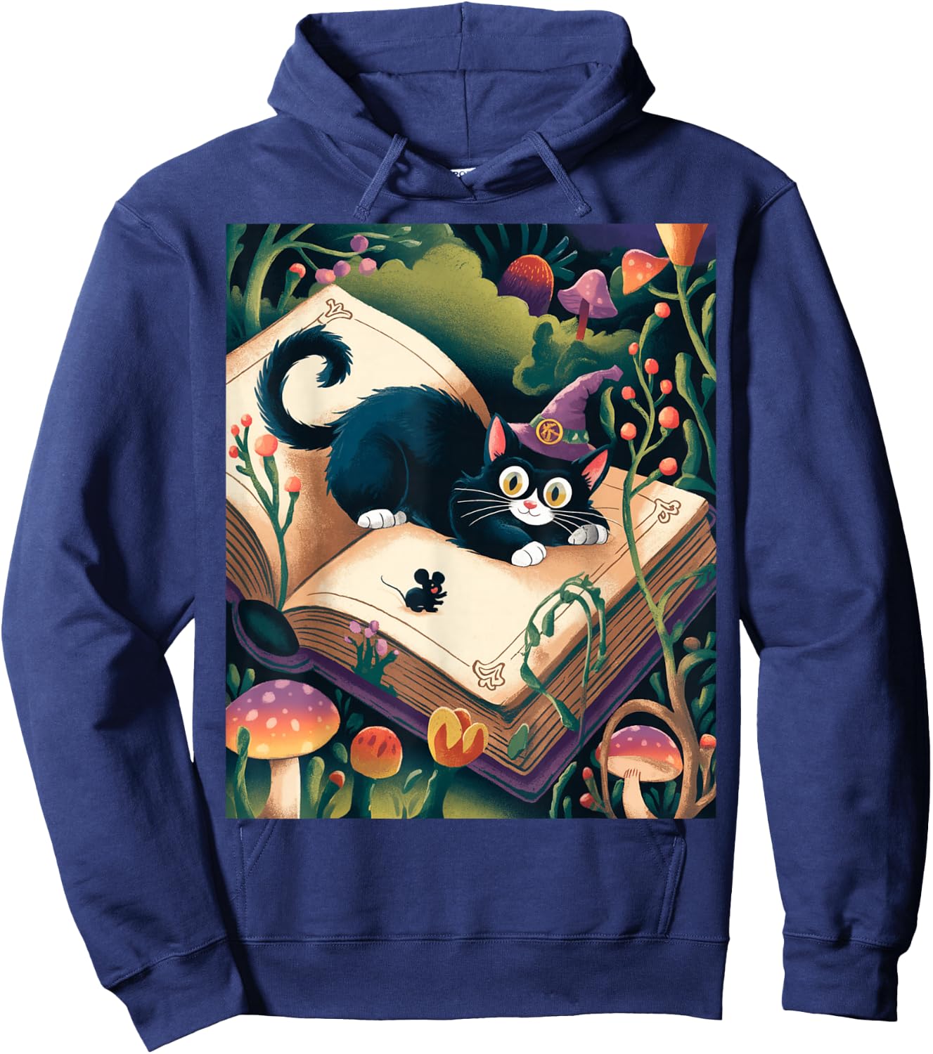 Enchanted Night: Mystical Feline Resting atop an Opened Book Hoodie - Hoodie | Navy