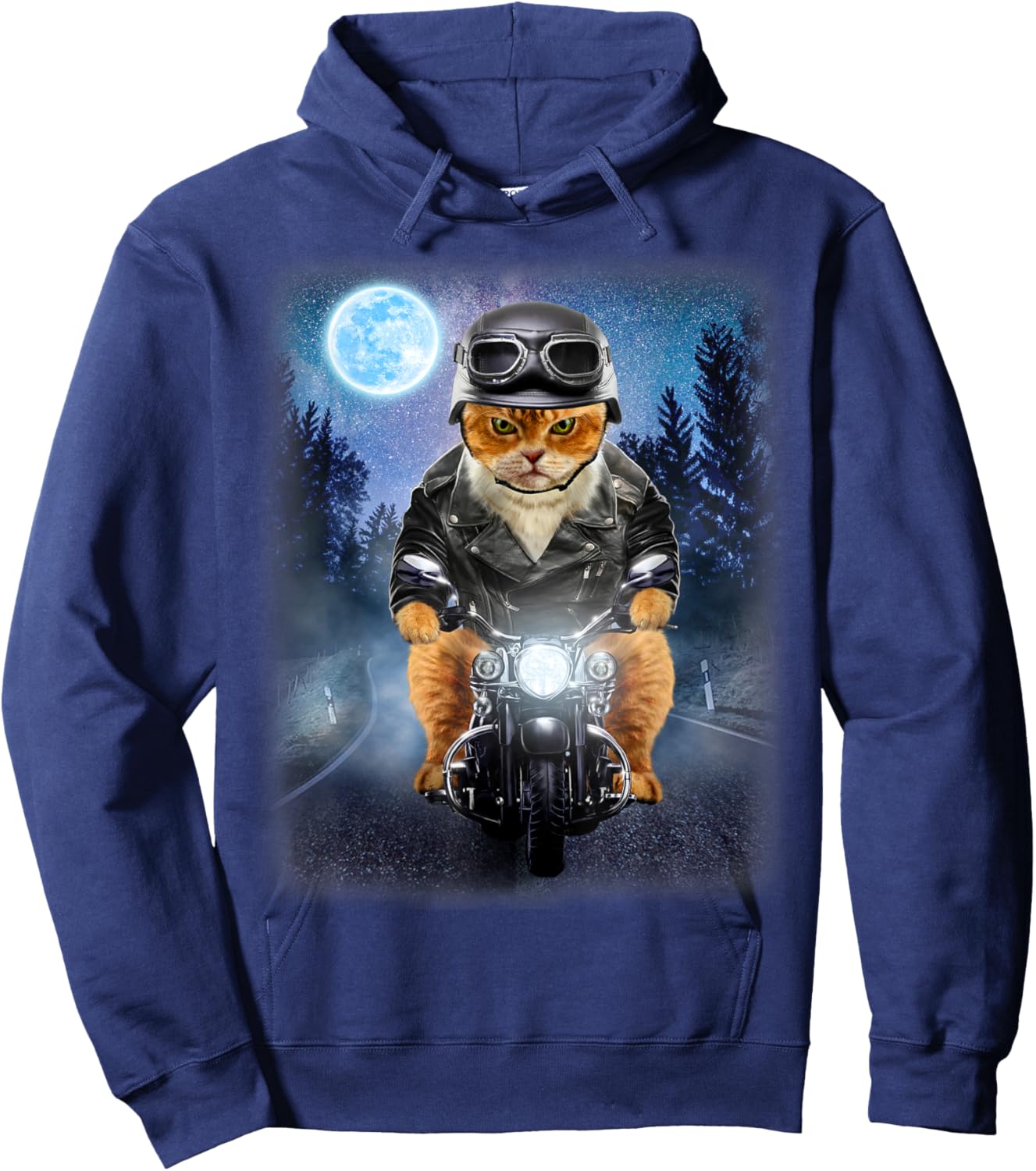 Biker Orange Cat Riding Motorcycle, Galaxy Icy Moon Women Kids Hoodie - Hoodie | Navy
