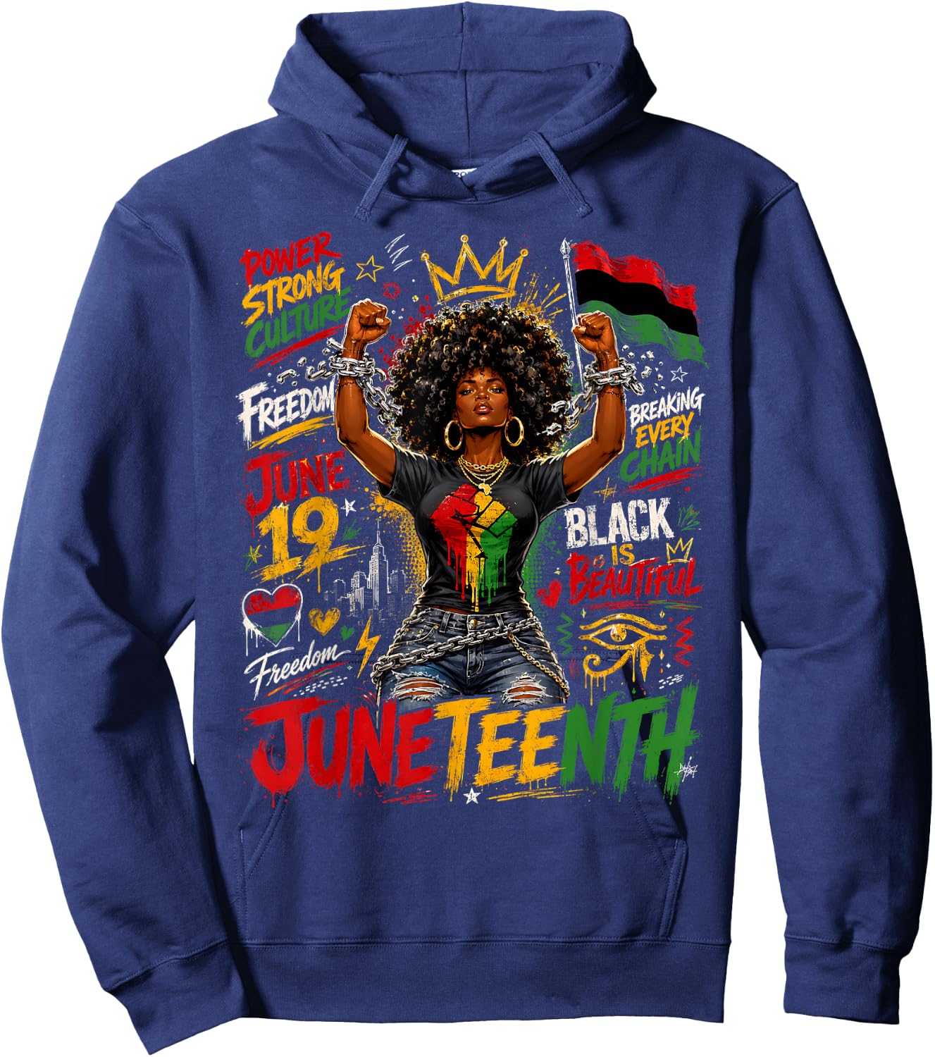 Juneteenth Afro Woman Breaking Every Chain Graffiti Freedom Hoodie - Hoodie | Navy