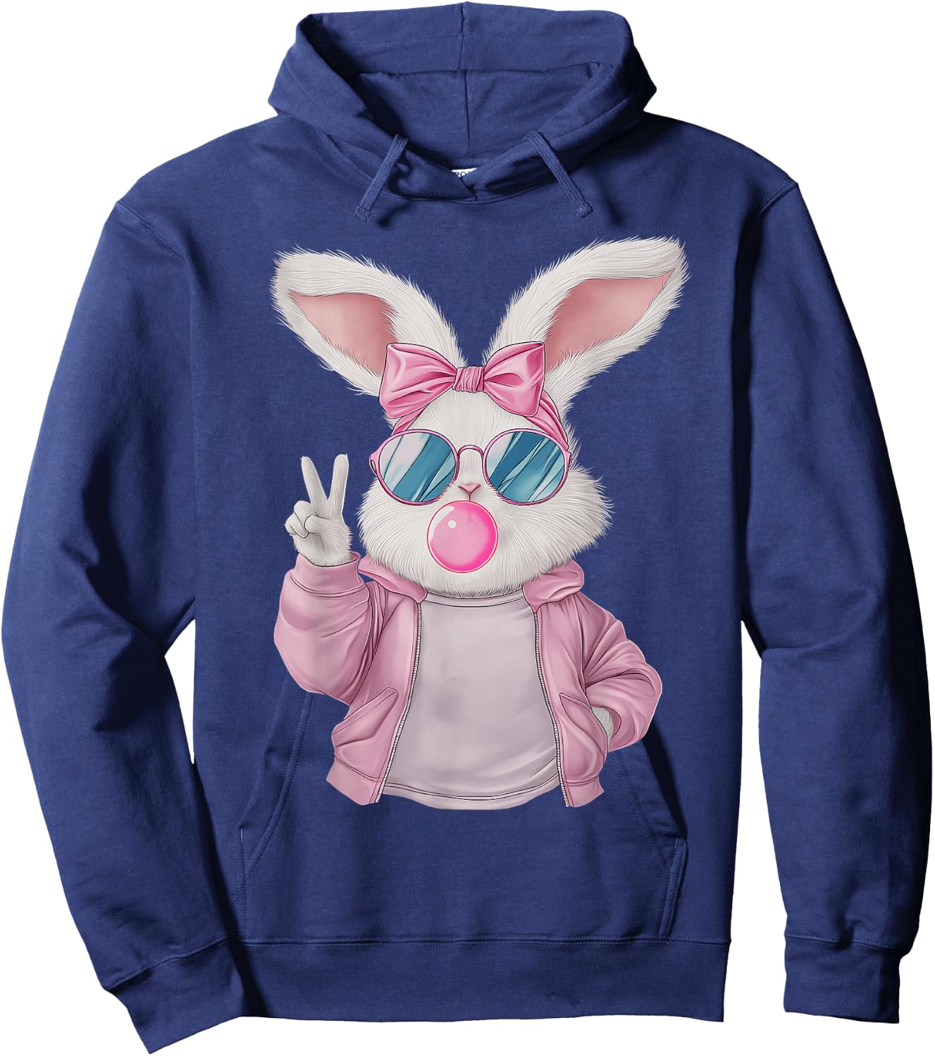 Rabbit Bunny Blowing Bubble Gum Easter Day Cute Girl Women Hoodie - Hoodie | Navy