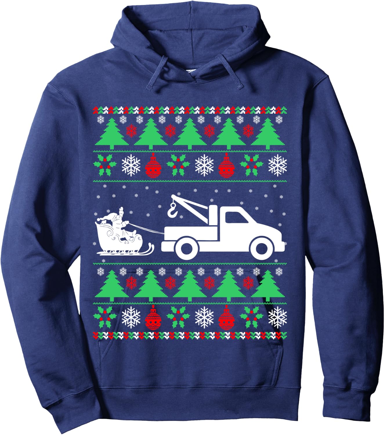 Santa Riding Sleigh Tow Truck Driver Christmas Ugly Sweater Hoodie - Hoodie | Navy