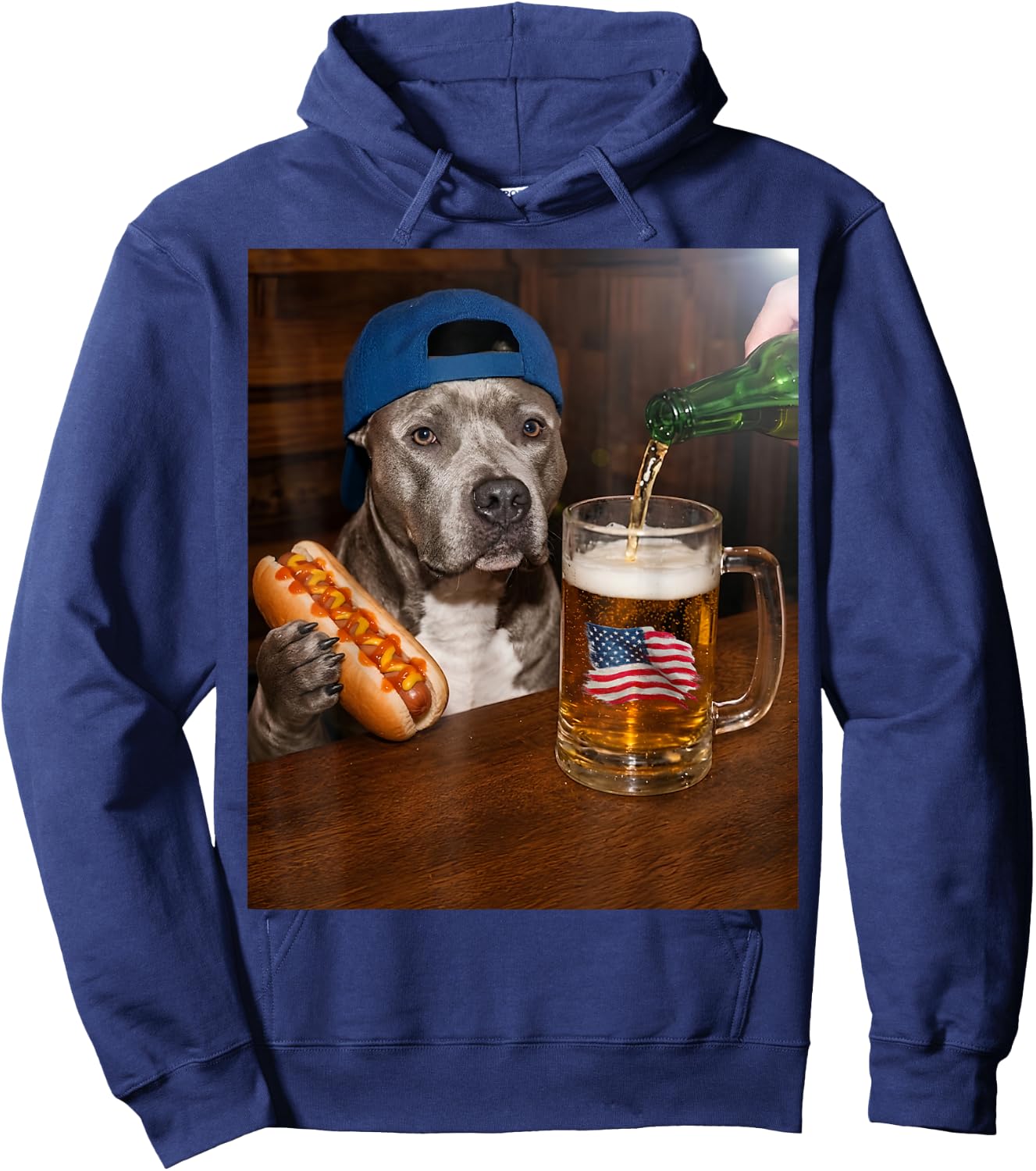 Funny Pitbull Meme Drinking Beer Hotdog USA Flag Pittie Moms Hoodie - Hoodie | Navy