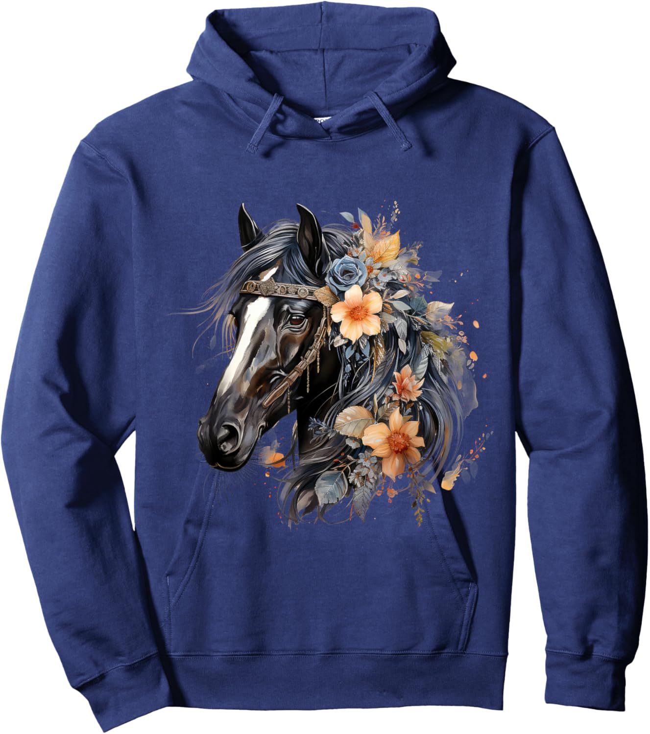 Floral Wild Horse Country Horse Riding , Small, Black Hoodie - Hoodie | Navy