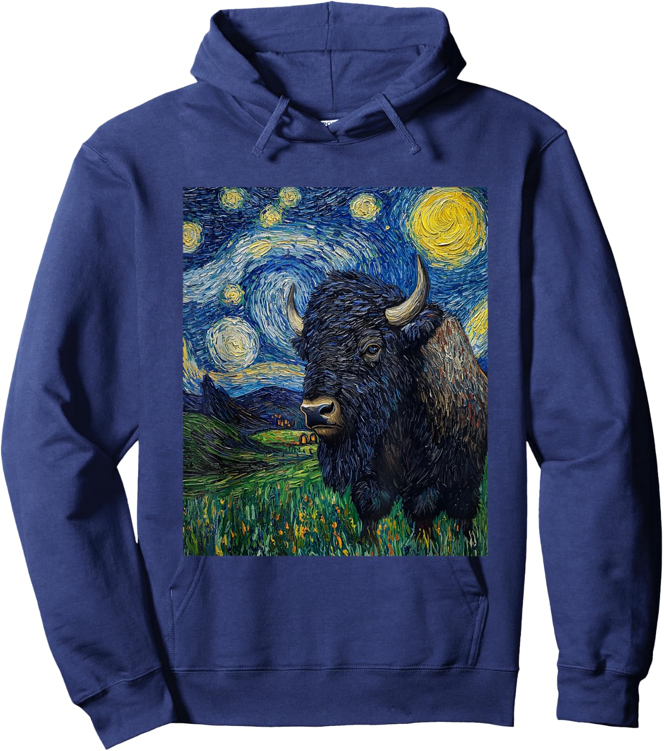 Bison Buffalo Van Gogh Style Starry Night Graphic Hoodie - Hoodie | Navy