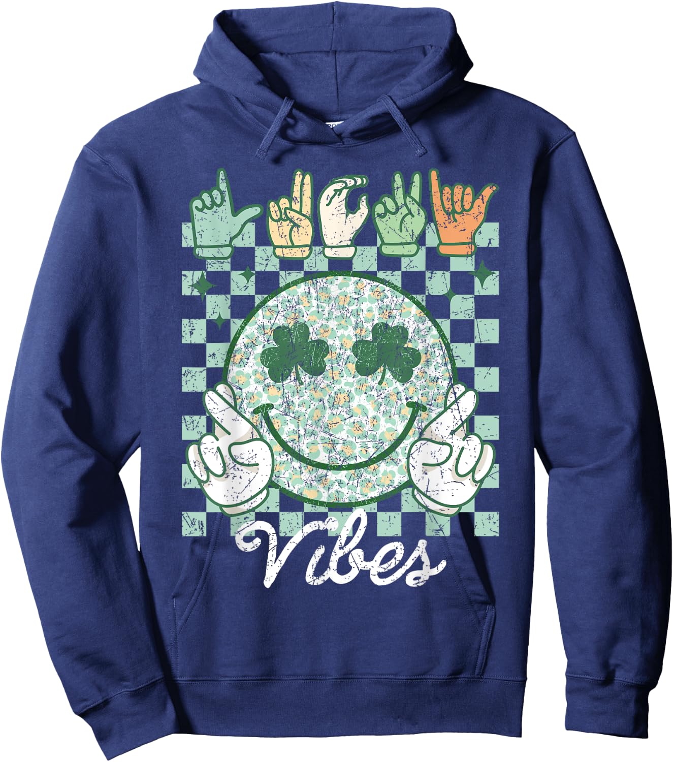 Lucky Vibes St Patrick's Day ASL Sign Language Deaf Groovy Hoodie - Hoodie | Navy