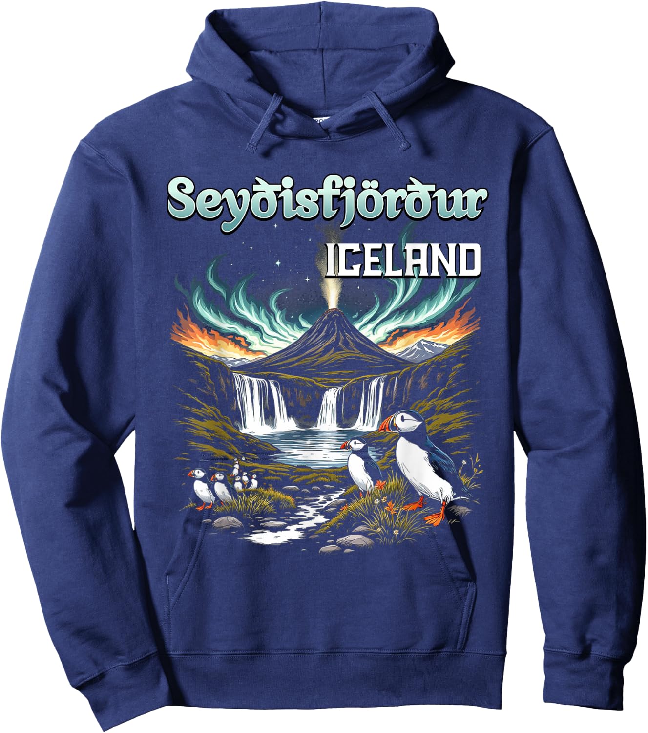 Seyðisfjörður Iceland Souvenir Icelandic Volcano Puffins Hoodie - Hoodie | Navy