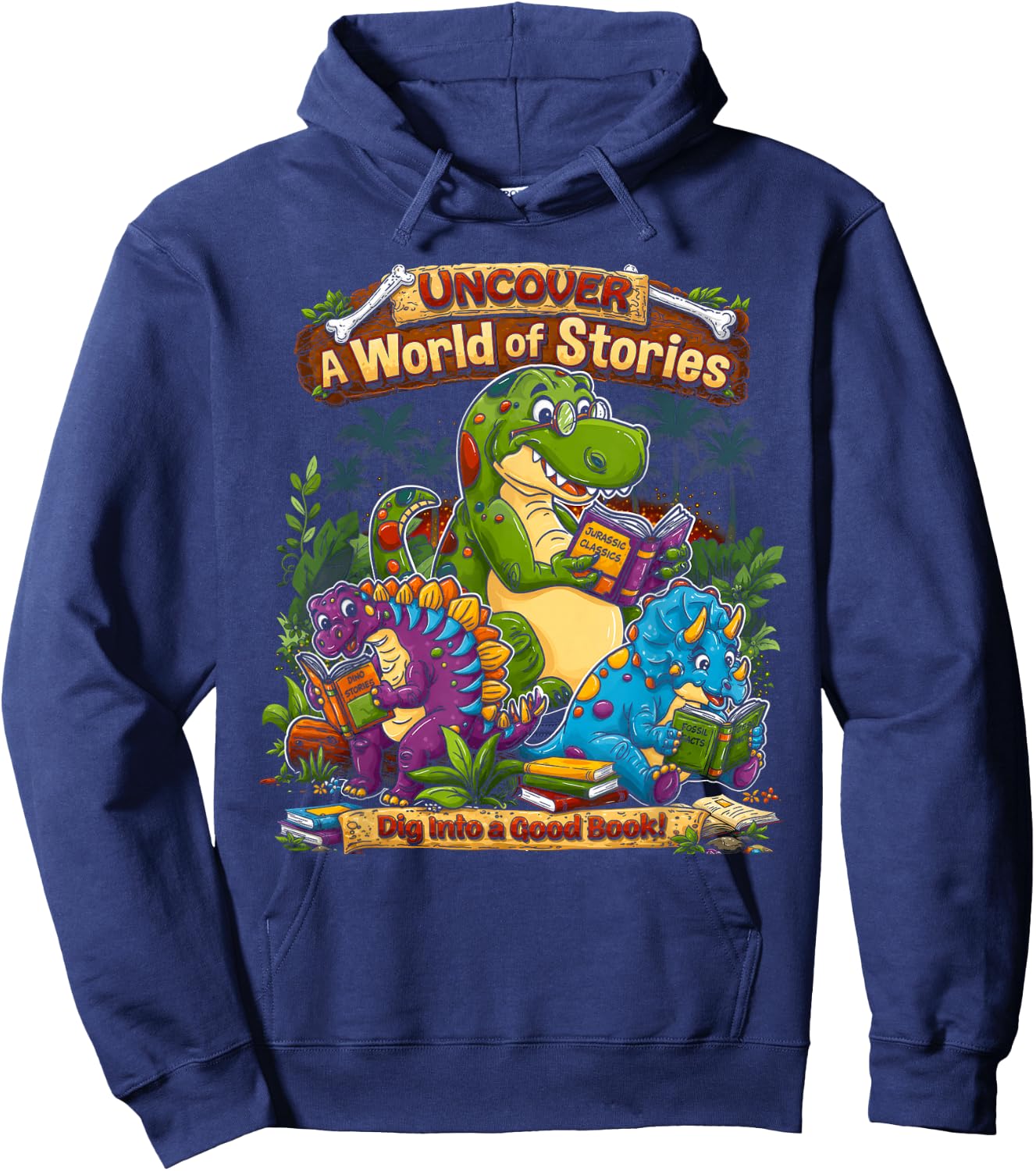Uncover A World of Stories Dinosaur Reading Shirt for Kids Hoodie - Hoodie | Navy