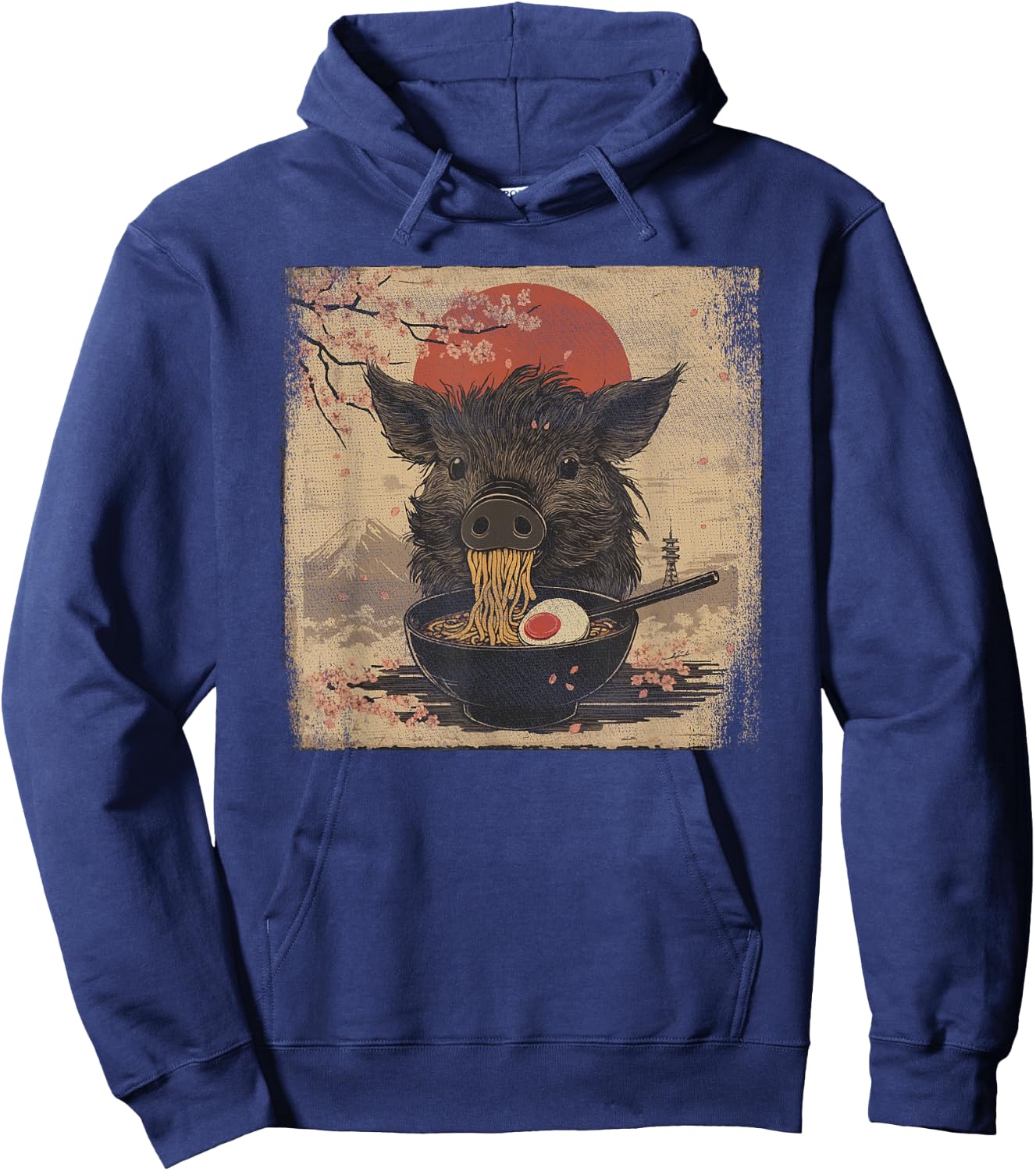Japanese Woodblock Graphic Boar Eating Ramen Pig Lover Hoodie - Hoodie | Navy