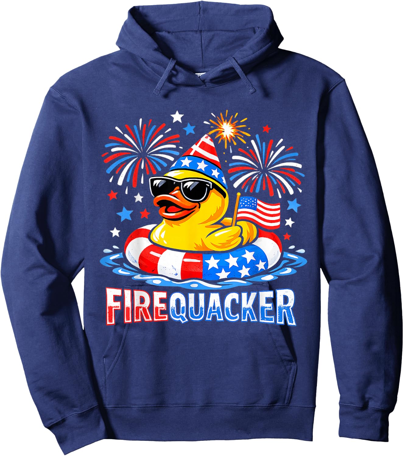 Firequacker Funny 4th of July Patriotic Duck Fireworks Hoodie - Hoodie | Navy
