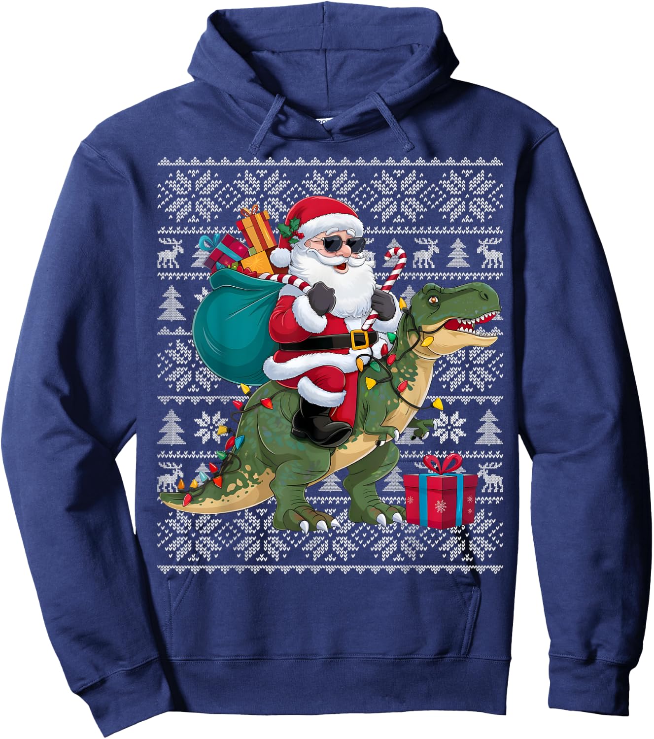 Ugly Xmas Sweater Style Santa Riding Dinosaur Christmas Hoodie - Hoodie | Navy