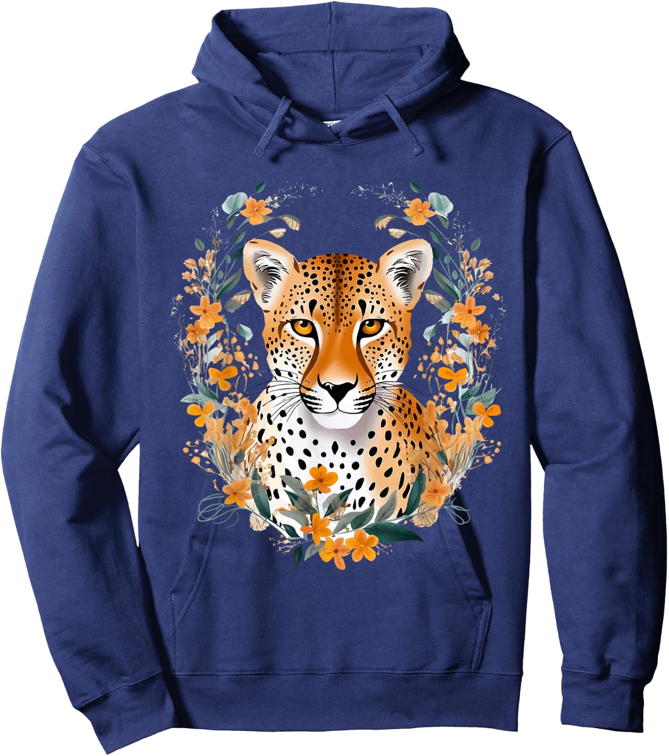 Cheetah Face Animal Print Big Cat Wildlife Flowers Design Hoodie - Hoodie | Navy