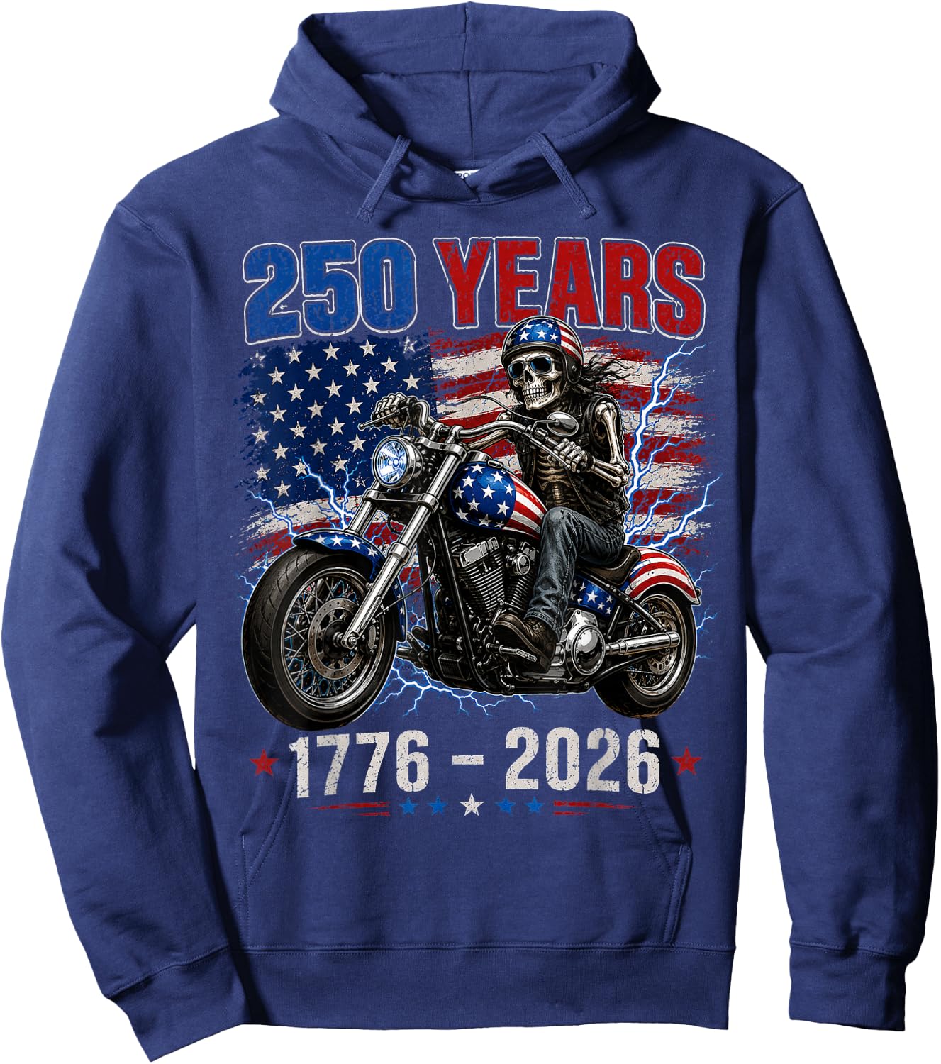250 Anniversary USA 250th American Skull Motorcycle USA Flag Hoodie - Hoodie | Navy