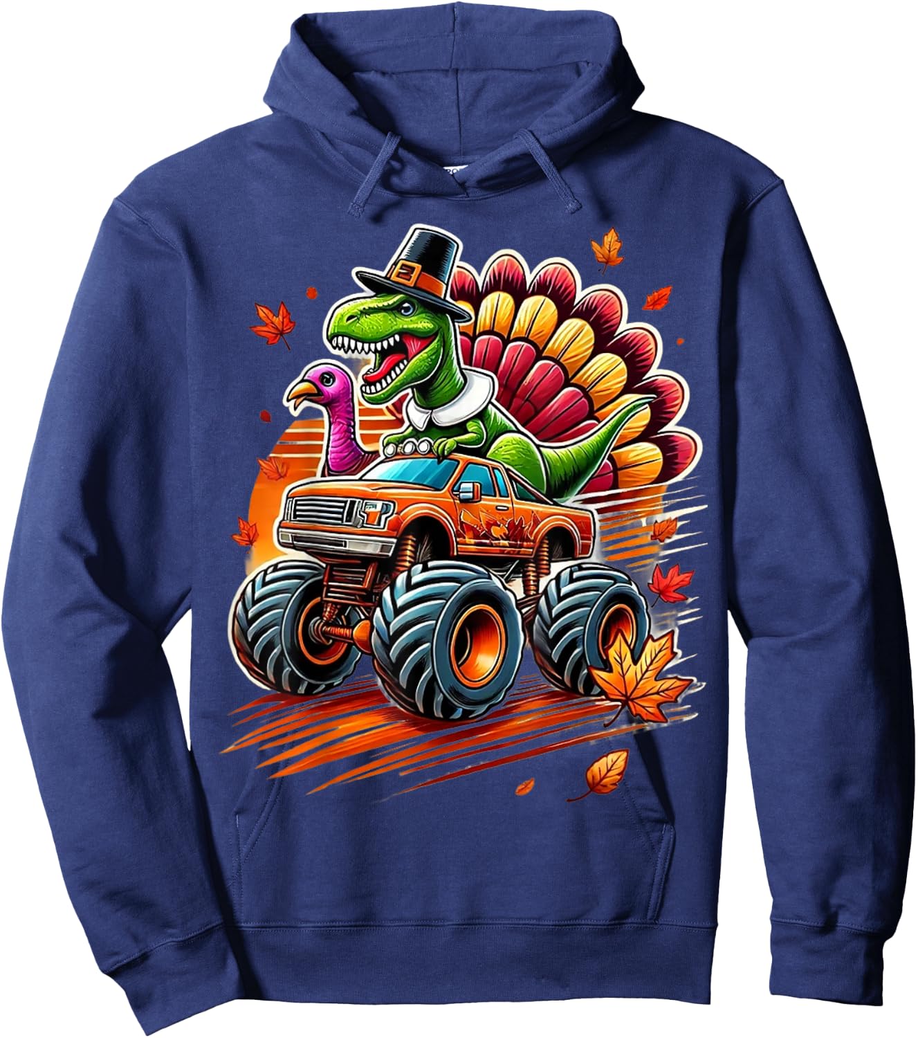 Funny Boys Thanksgiving Shirt Outfit Fall Shirts Kids T Rex Hoodie - Hoodie | Navy