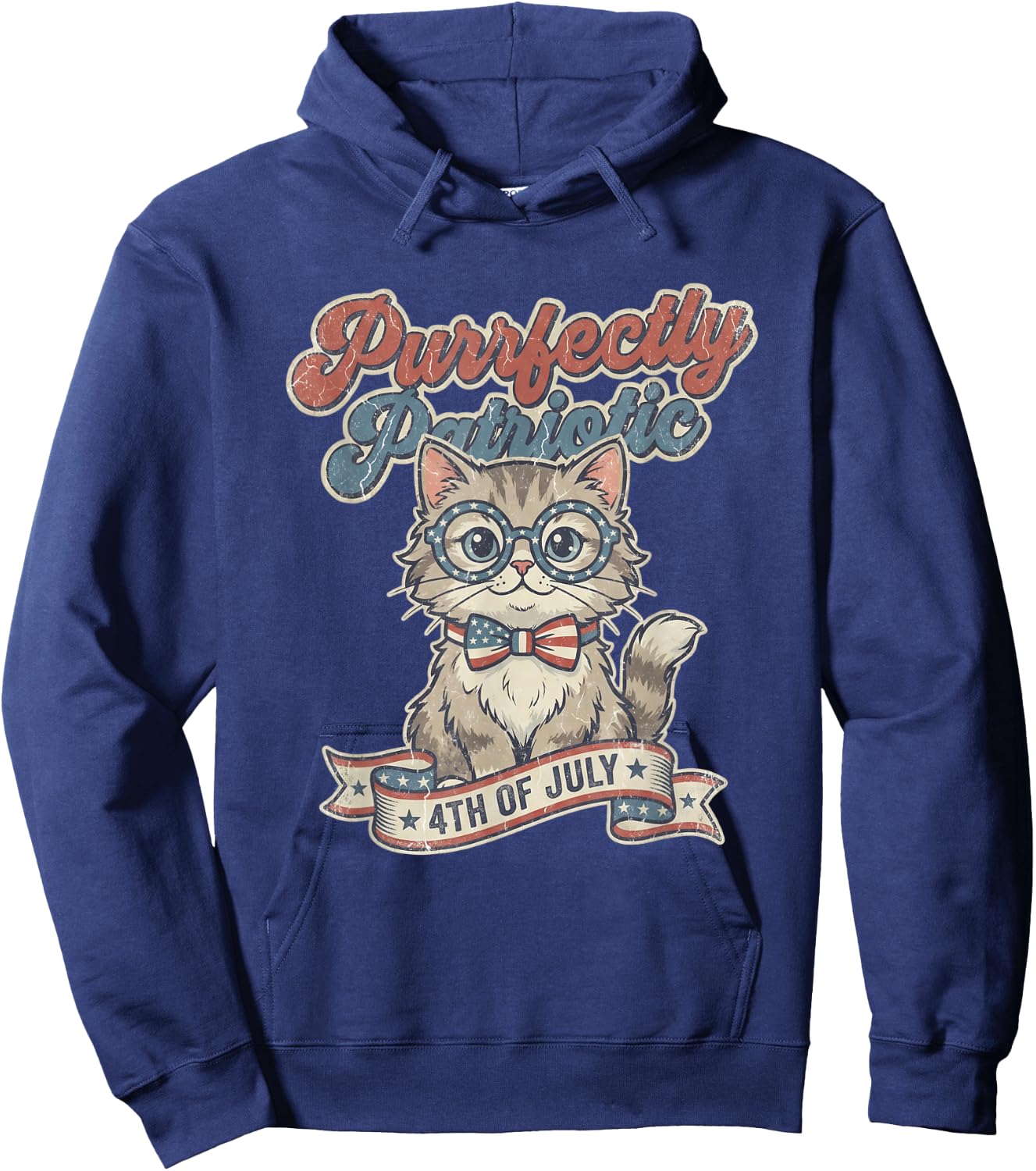 Purrfectly Patriotic Cat Vintage 4th of July Hoodie - Hoodie | Navy