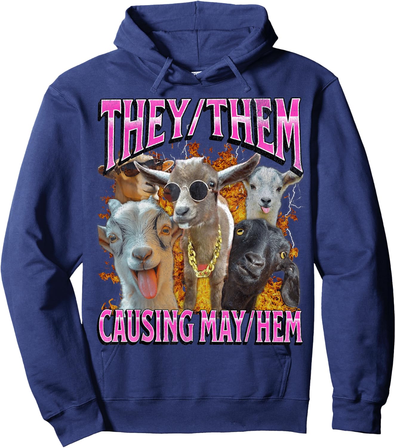 They Them Causing Mayhem Funny Goat Humor Lgbtq Bootleg Hoodie - Hoodie | Navy