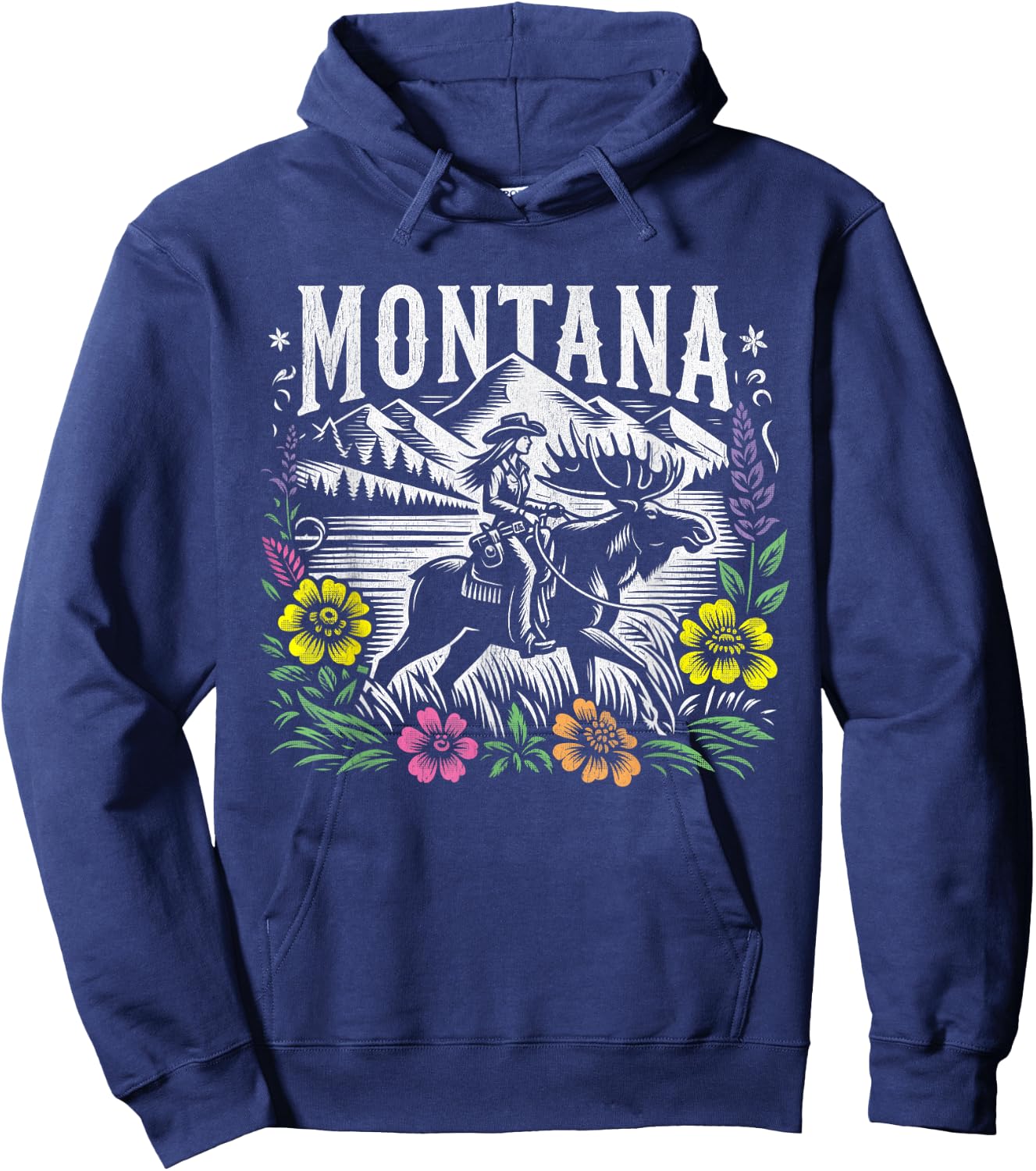 Montana Cowgirl Riding a Moose - Retro Look Hoodie - Hoodie | Navy