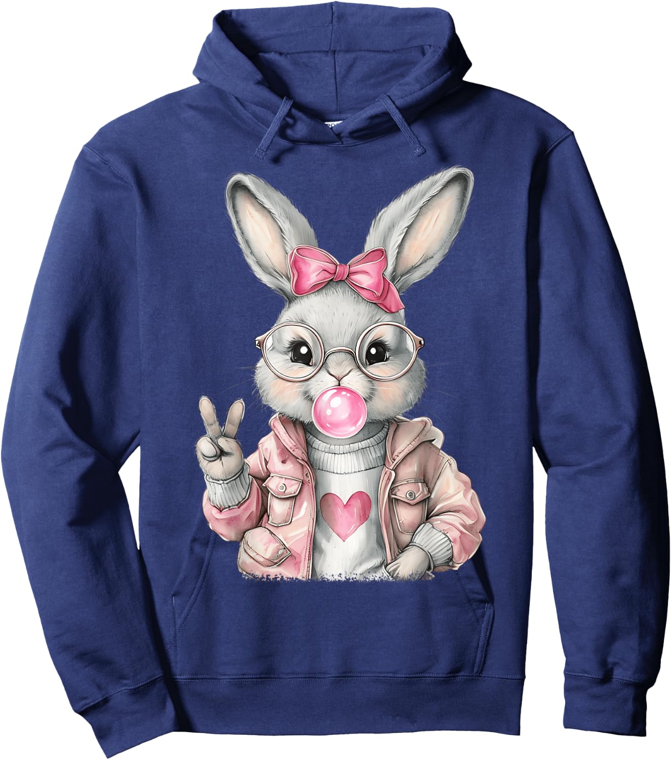 Rabbit Bunny Blowing Bubble Gum Easter Day Cute Girl Women Hoodie - Hoodie | Navy