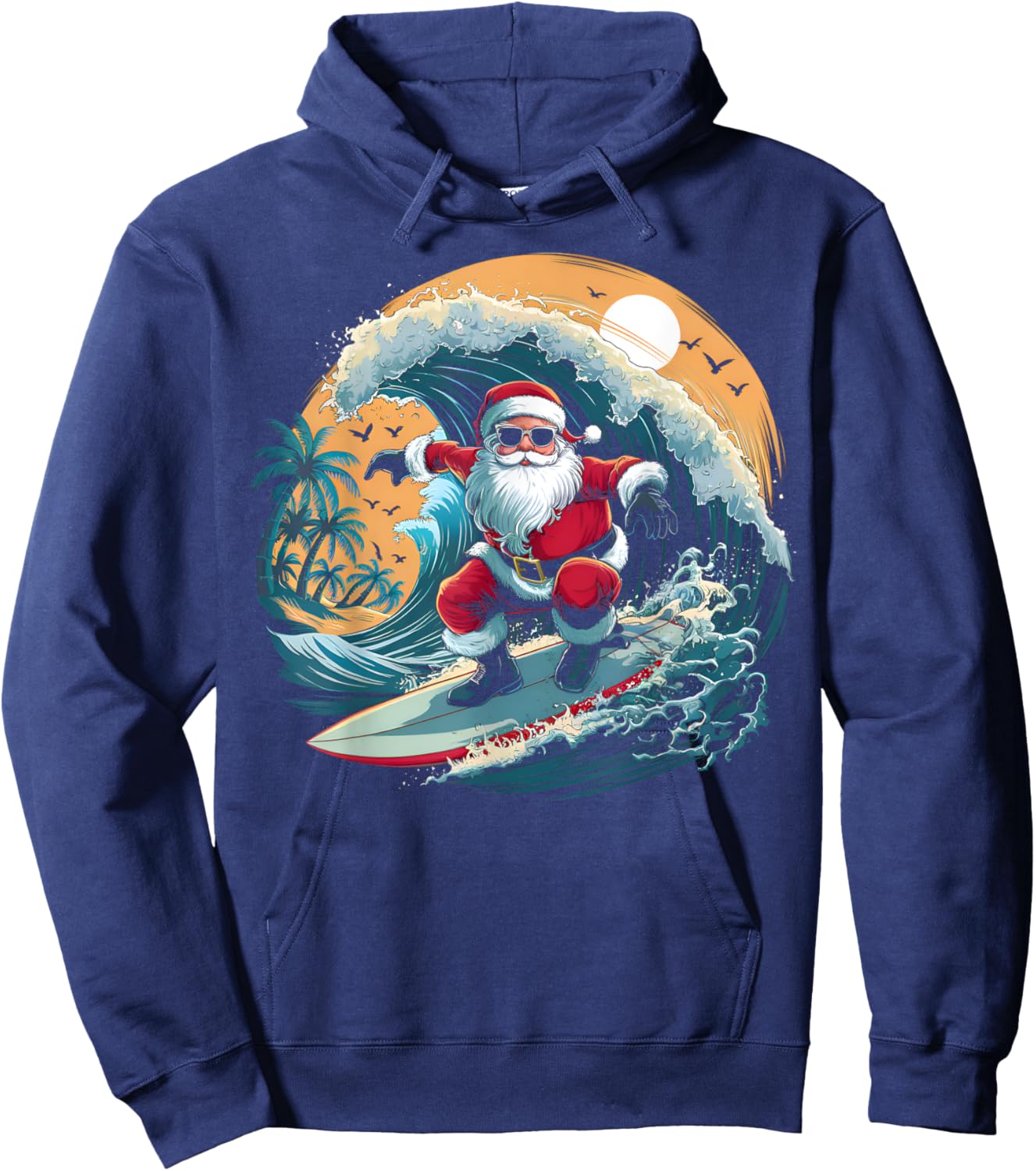 Vintage Surfer Christmas Surfing Santa Claus Beach Surfboard Hoodie - Hoodie | Navy