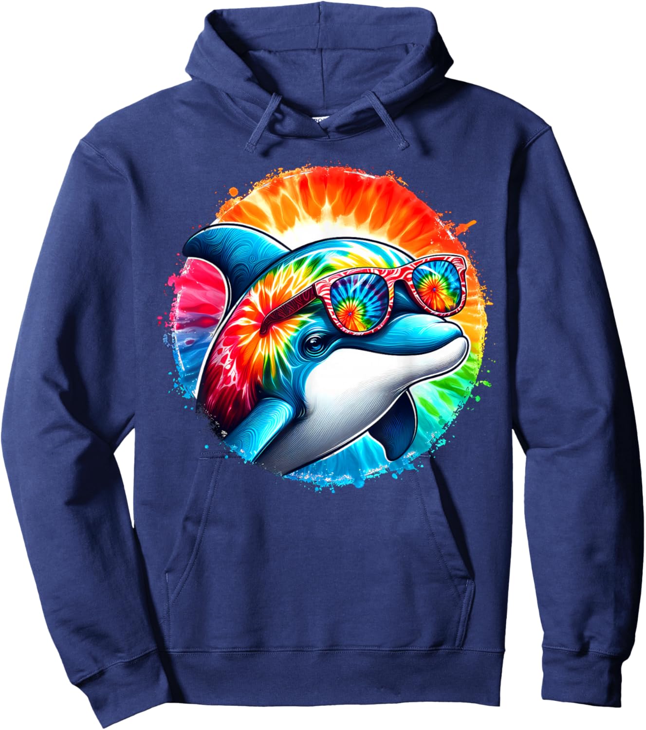 Cool Graphic Tie Dye Sunglasses Dolphin Illustration Art Hoodie - Hoodie | Navy