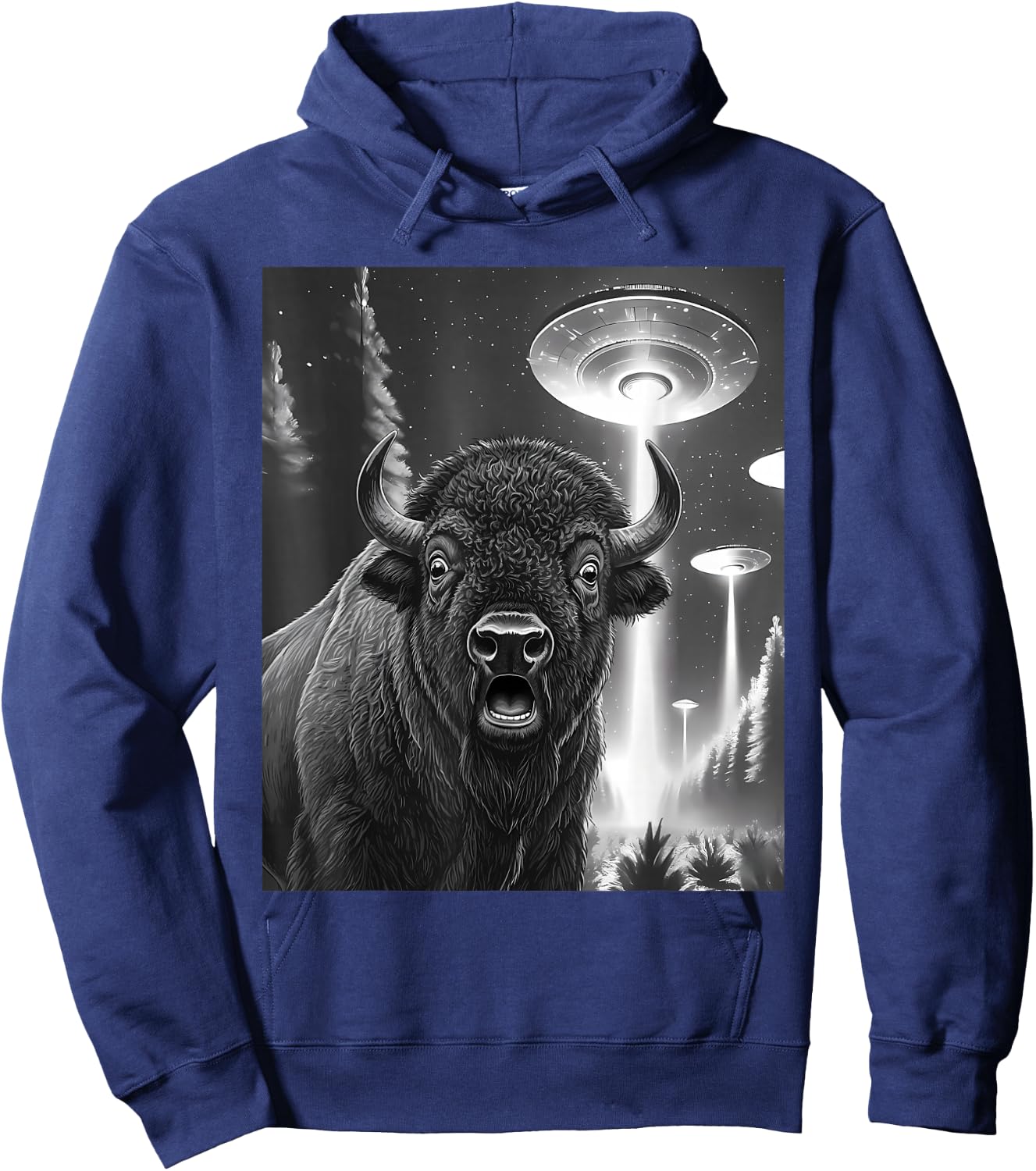 Funny Bison Alien UFO Taking a Selfie Animal Lover Retro Hoodie - Hoodie | Navy